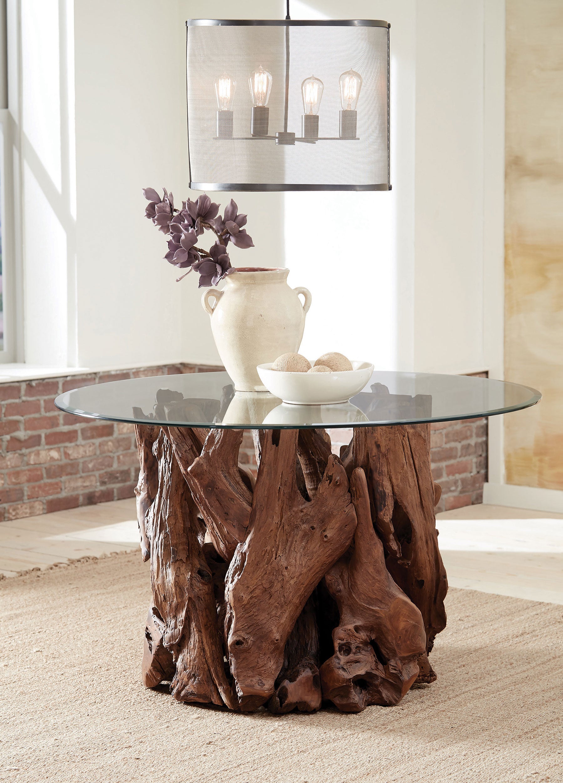 Asbury Round 60-inch Glass Top Dining Table Teak Brown