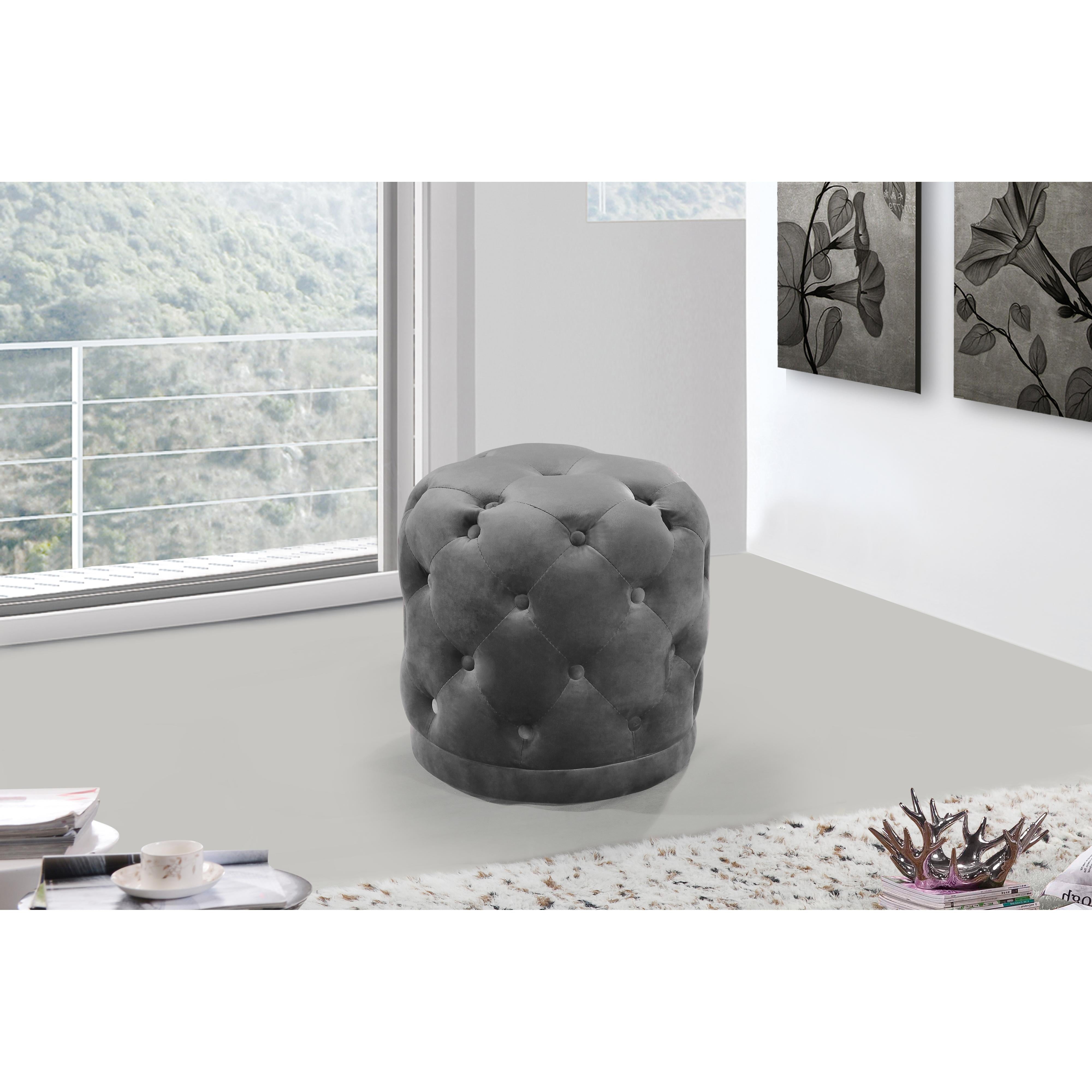 Meridian Harper Grey Velvet Ottoman/Stool