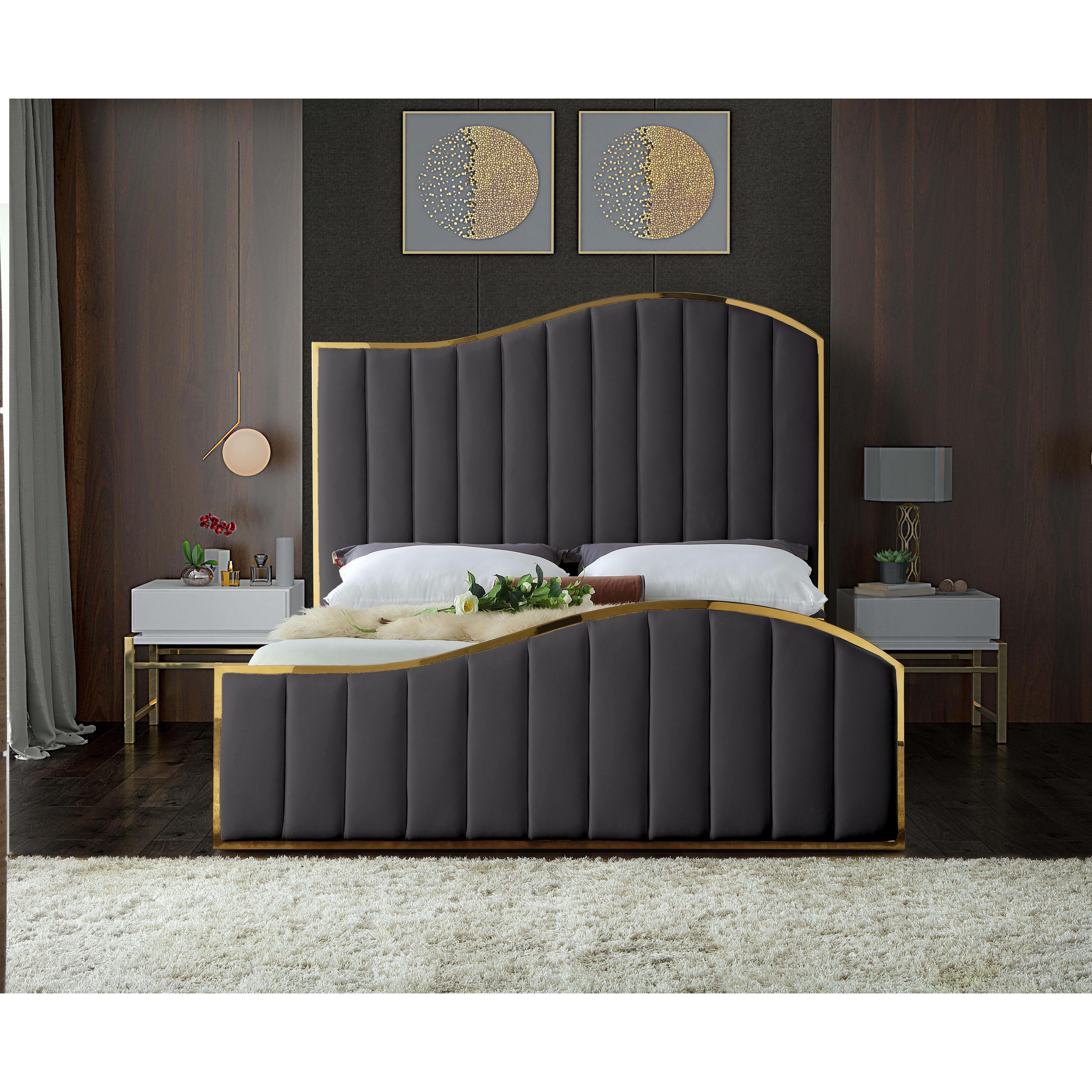 Meridian Jolie Grey Velvet King Bed (3 Boxes)