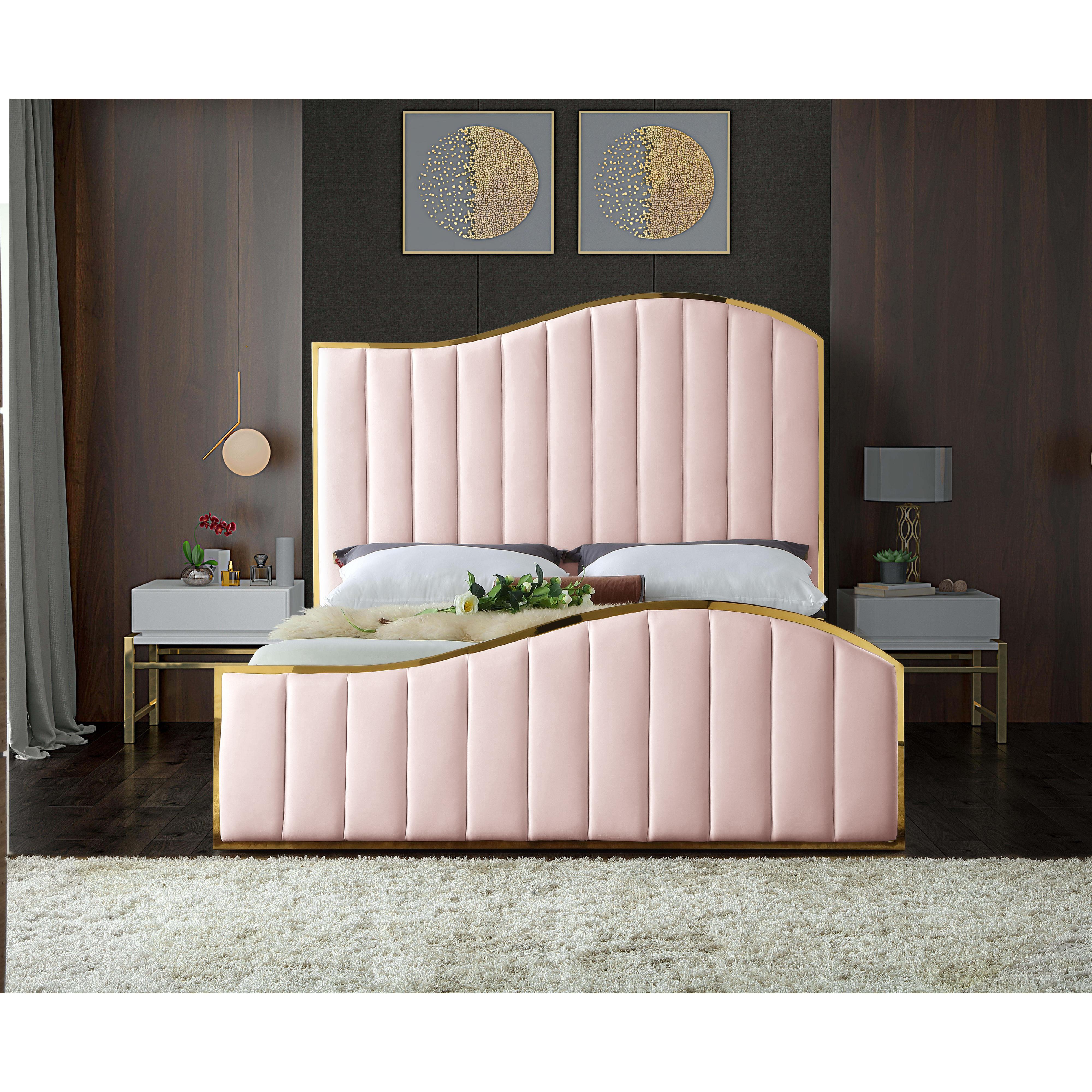 Meridian Jolie Pink Velvet King Bed (3 Boxes)