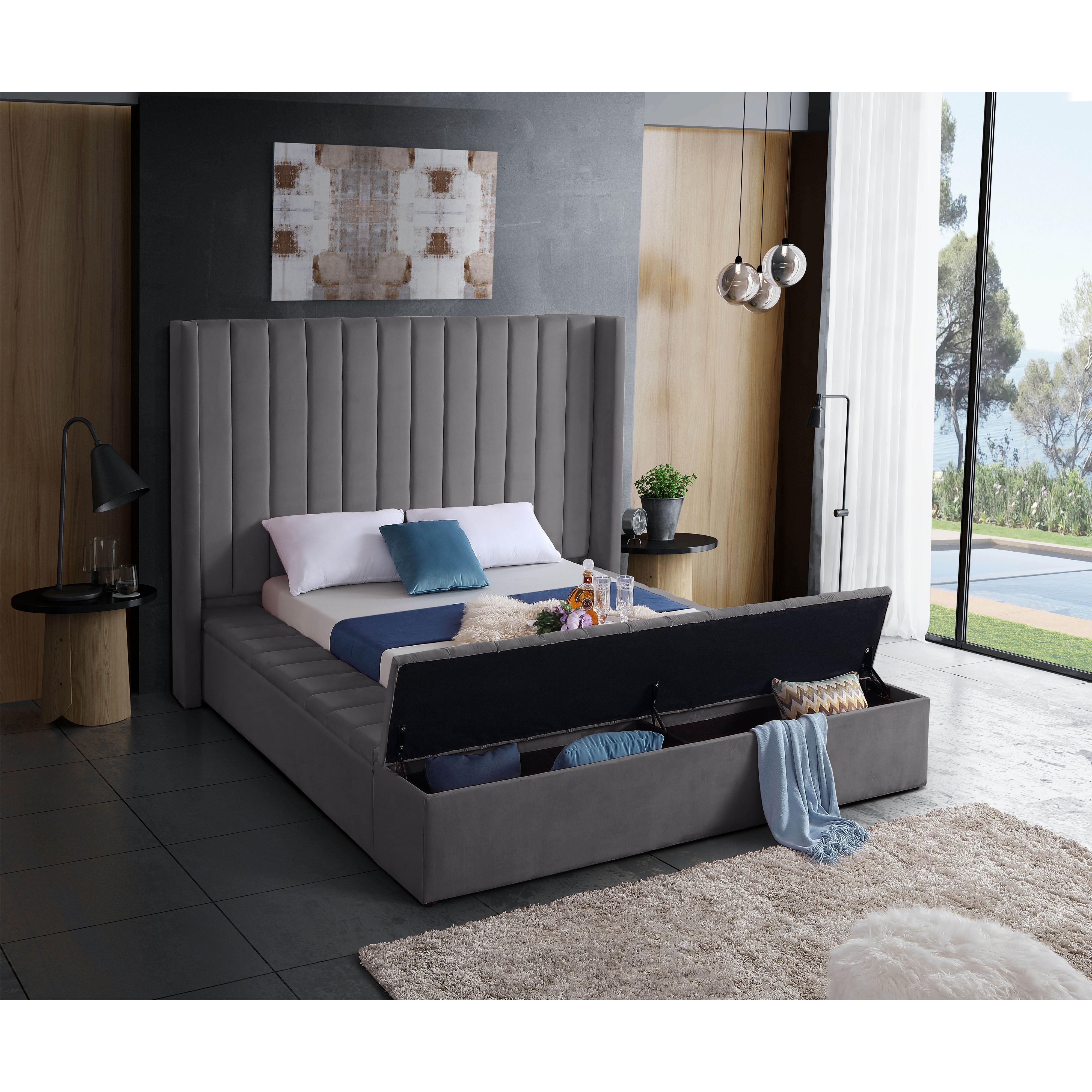 Meridian Kiki Grey Velvet Queen Bed (3 Boxes)