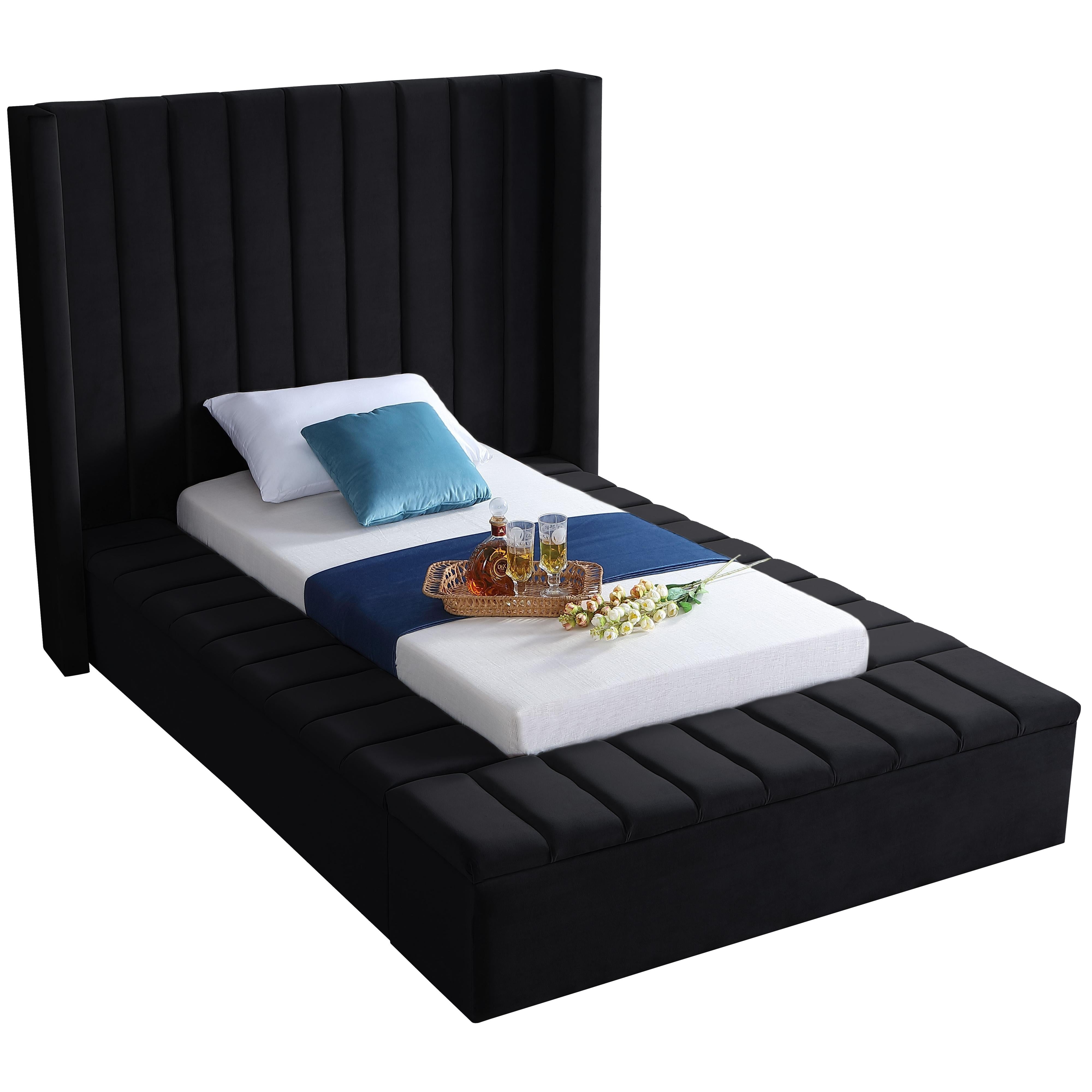 Meridian Kiki Black Velvet Twin Bed (3 Boxes)