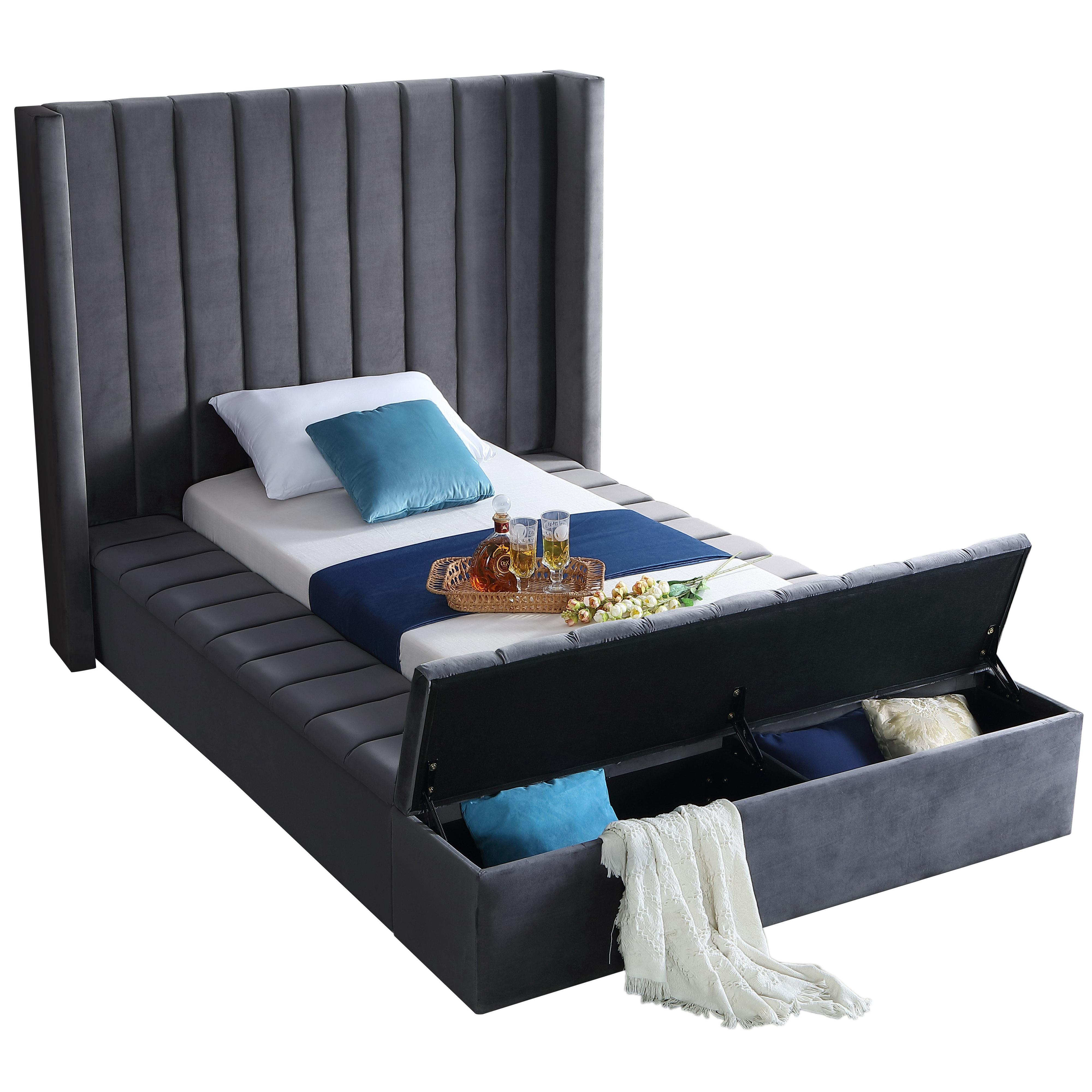 Meridian Kiki Grey Velvet Twin Bed (3 Boxes)