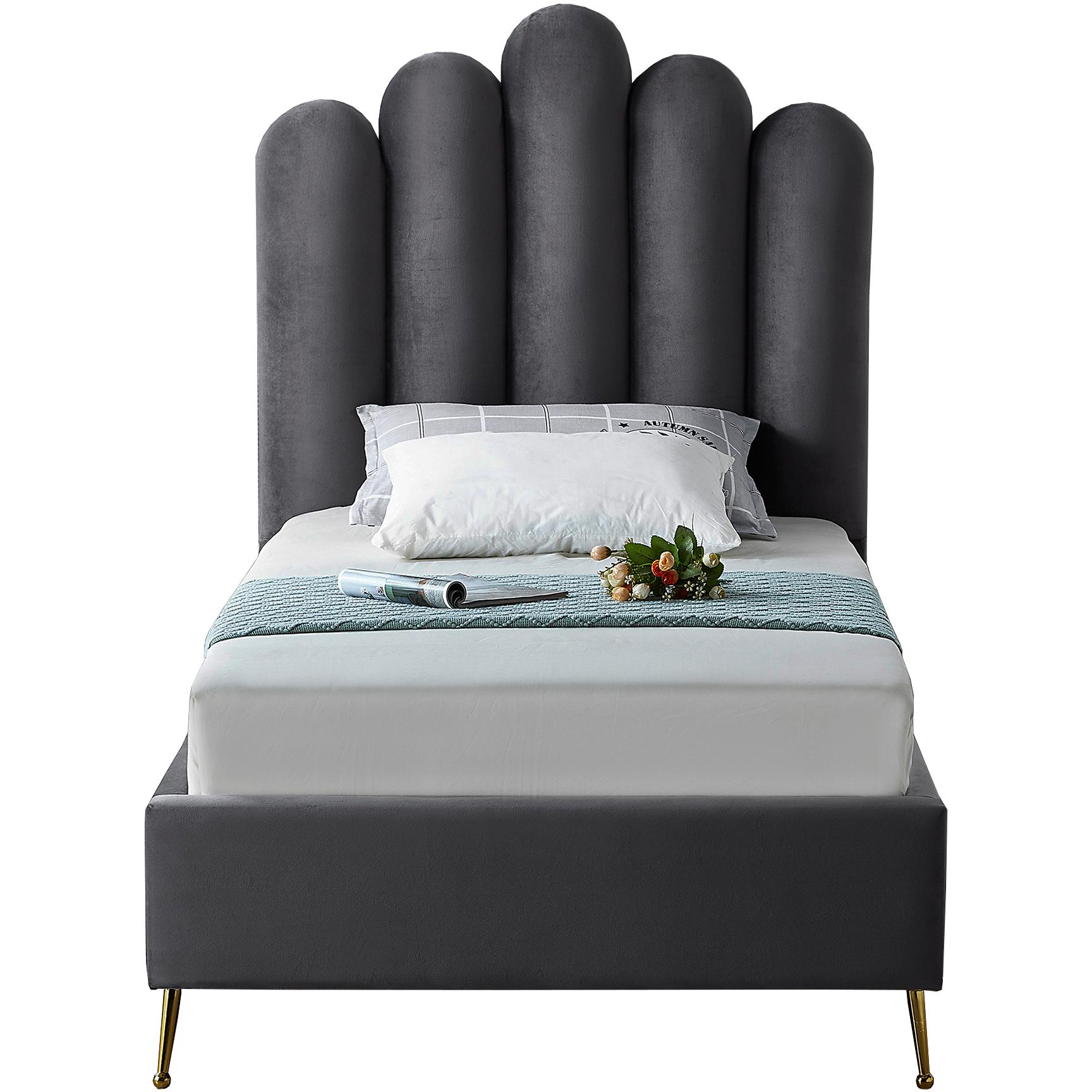 Meridian Lily Grey Velvet Twin Bed
