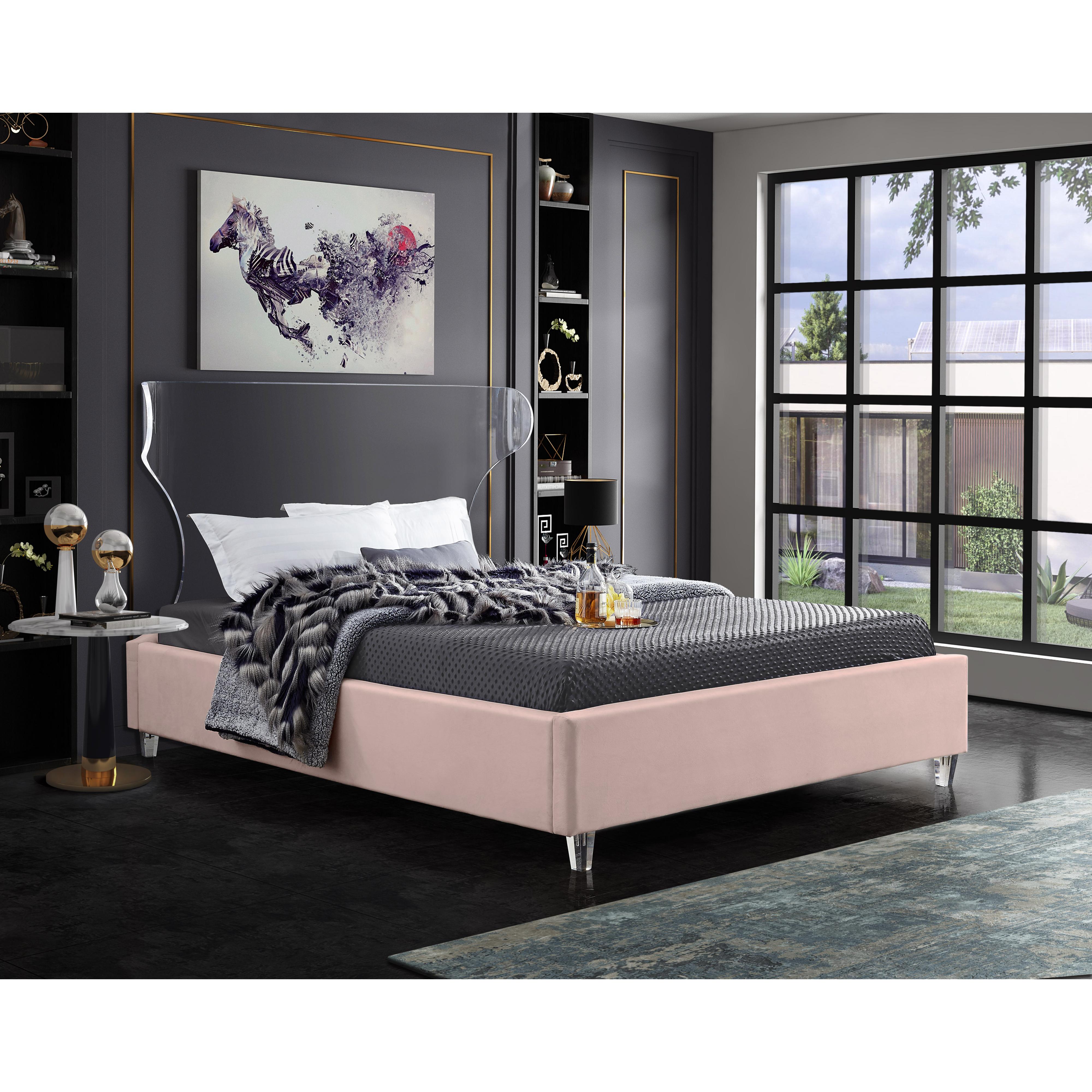 Meridian Ghost Pink Velvet Queen Bed