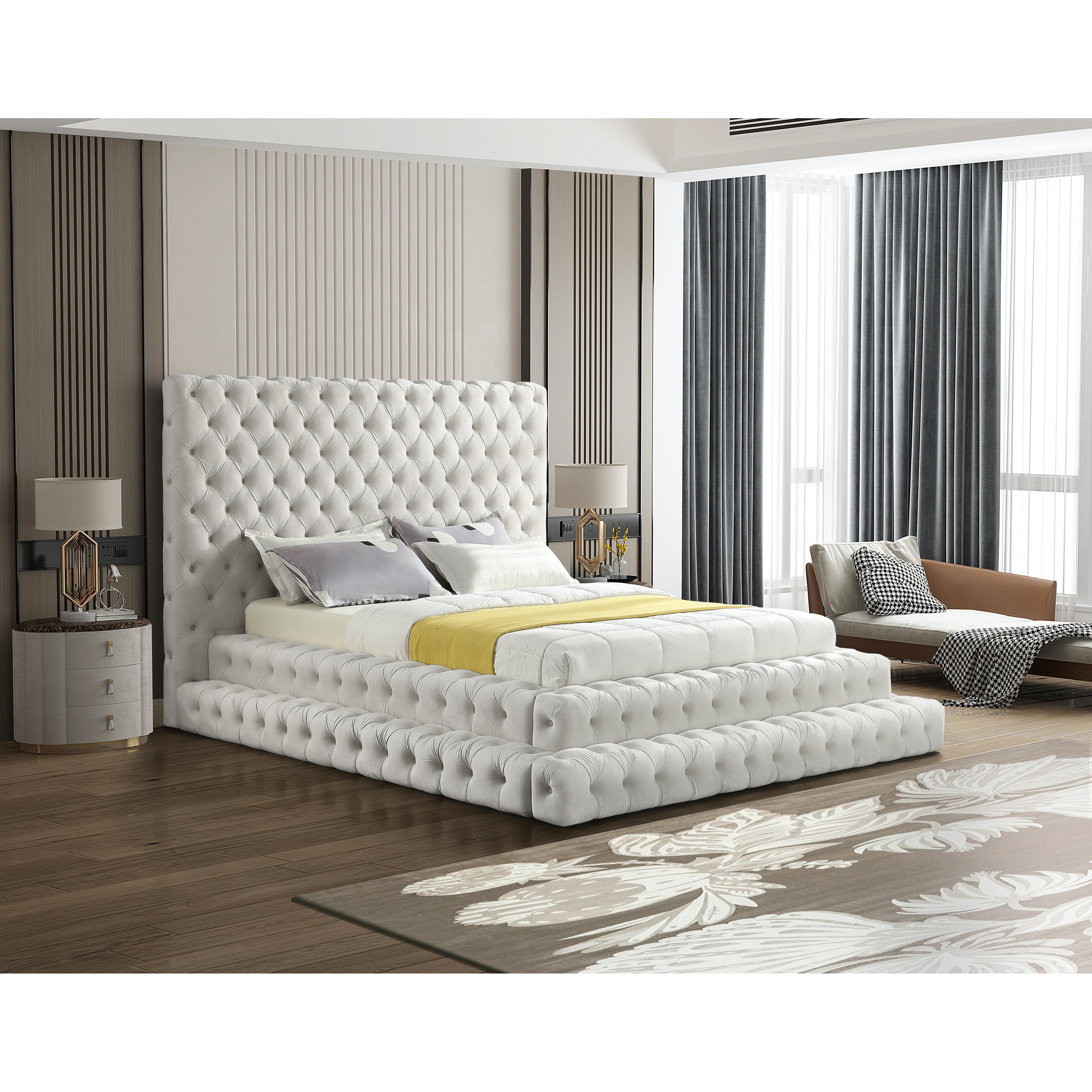 Meridian Revel Cream Velvet Queen Bed (3 Boxes)