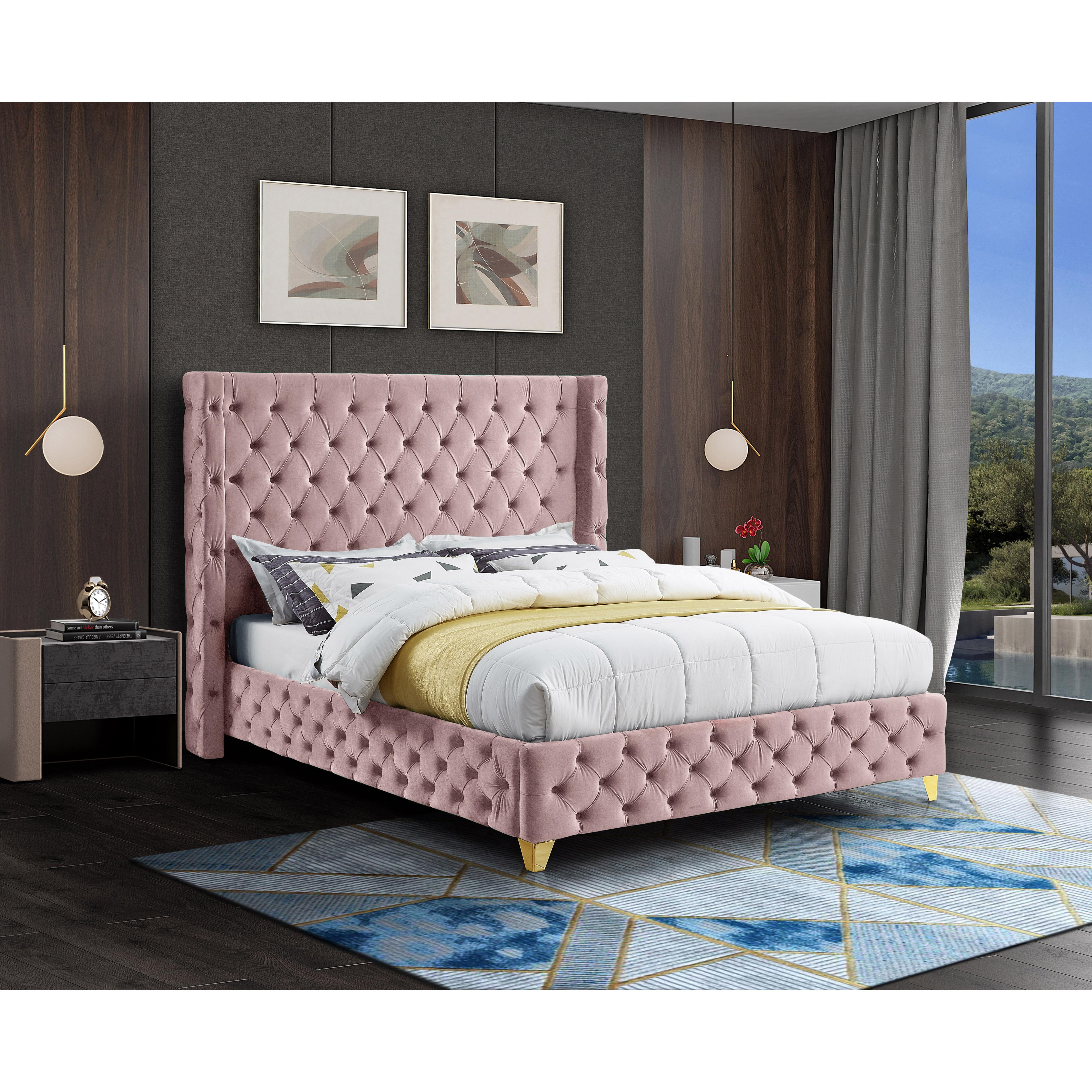 Meridian Savan Pink Velvet Queen Bed