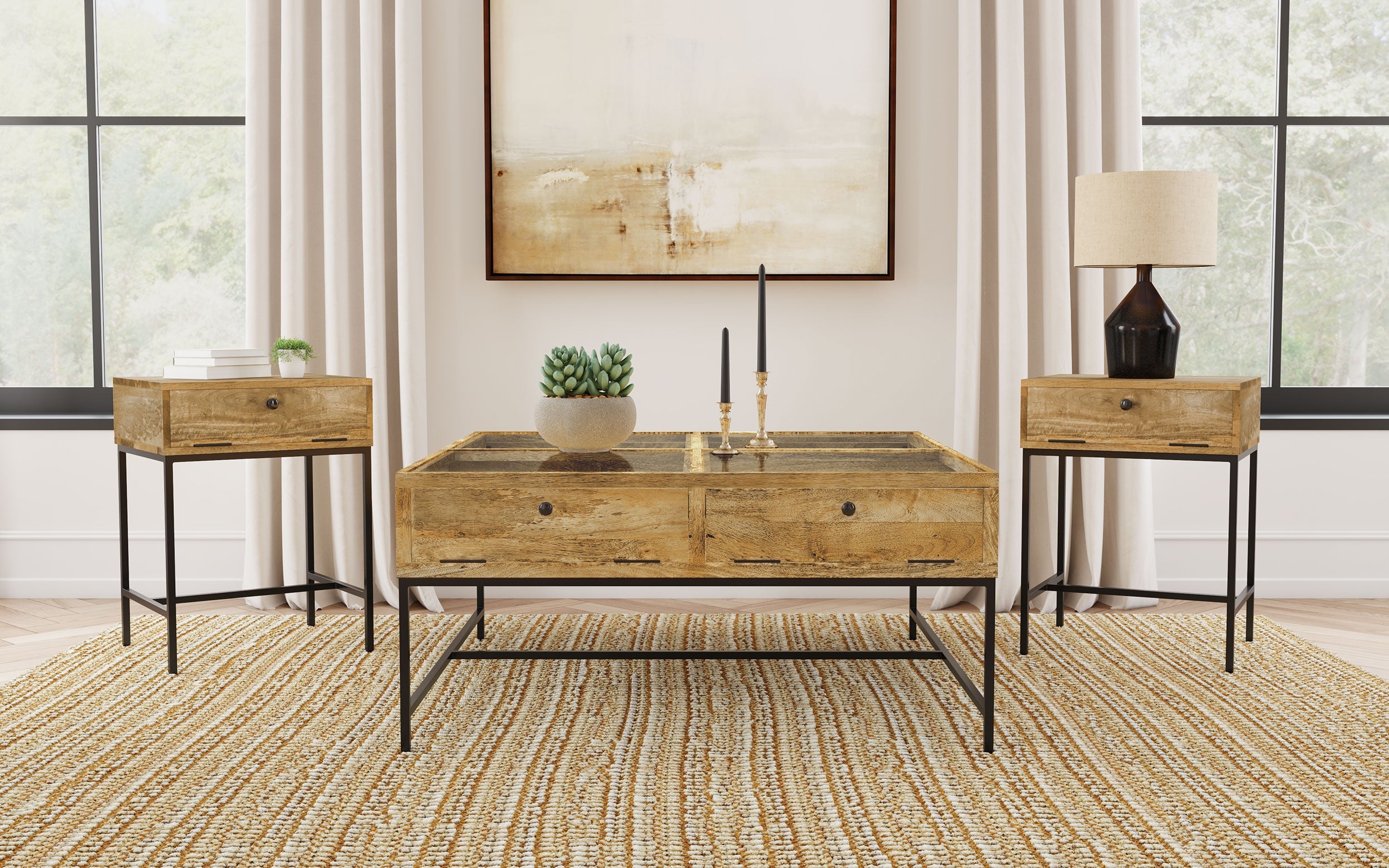 Stephie Square Coffee and End Table Set Honey Brown
