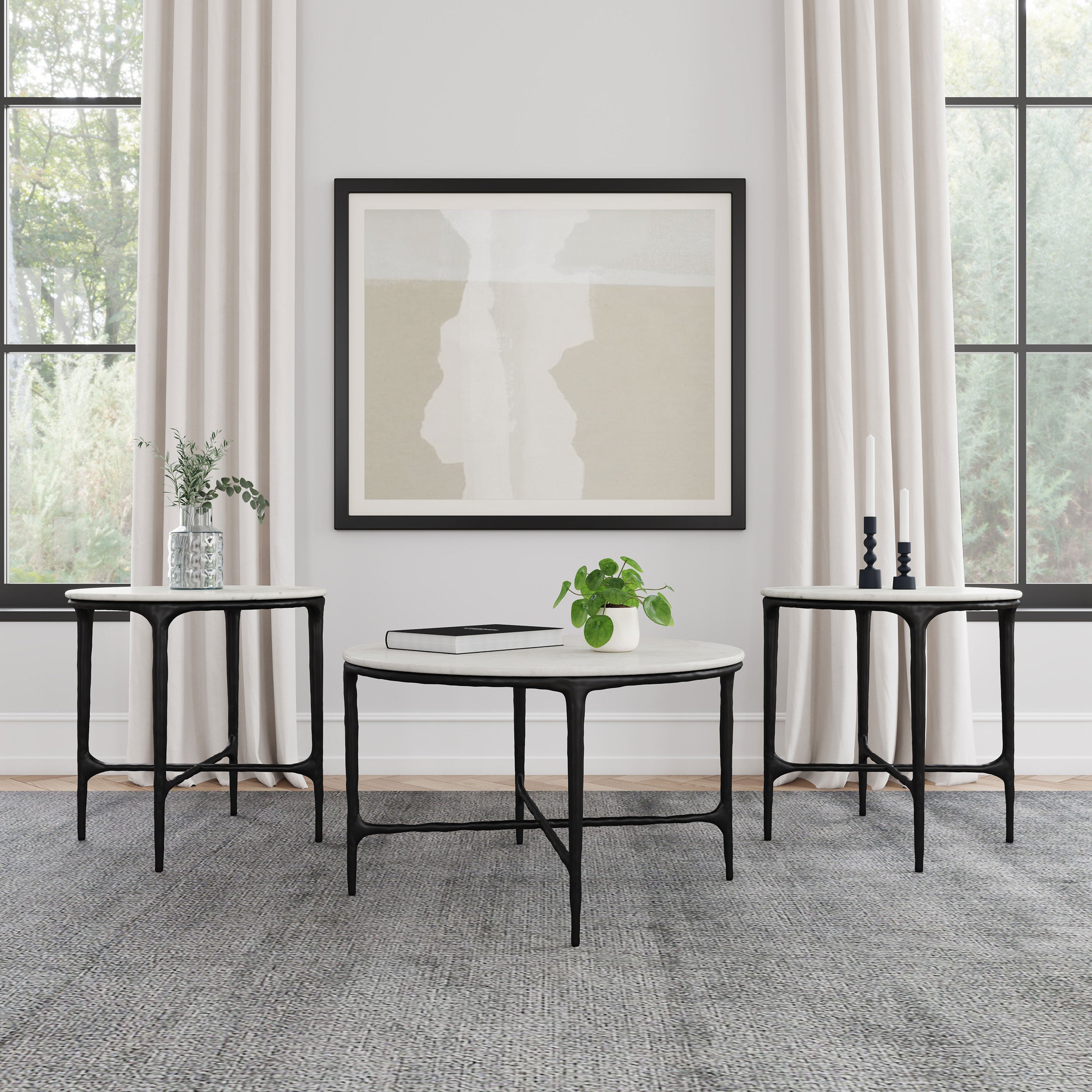 Hermas Round Marble Coffee and End Table Set White