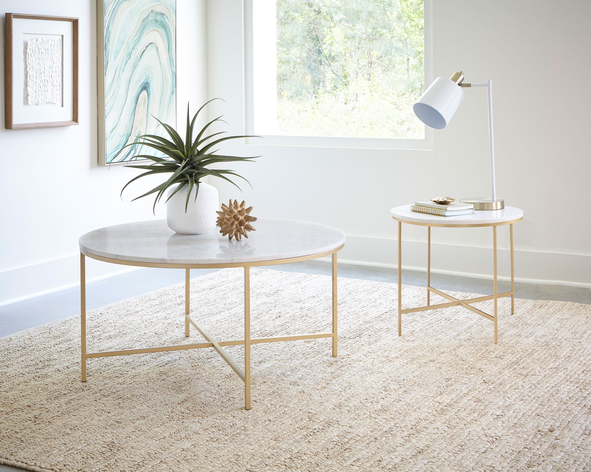 Ellison Round Marble Coffee and End Table Set White