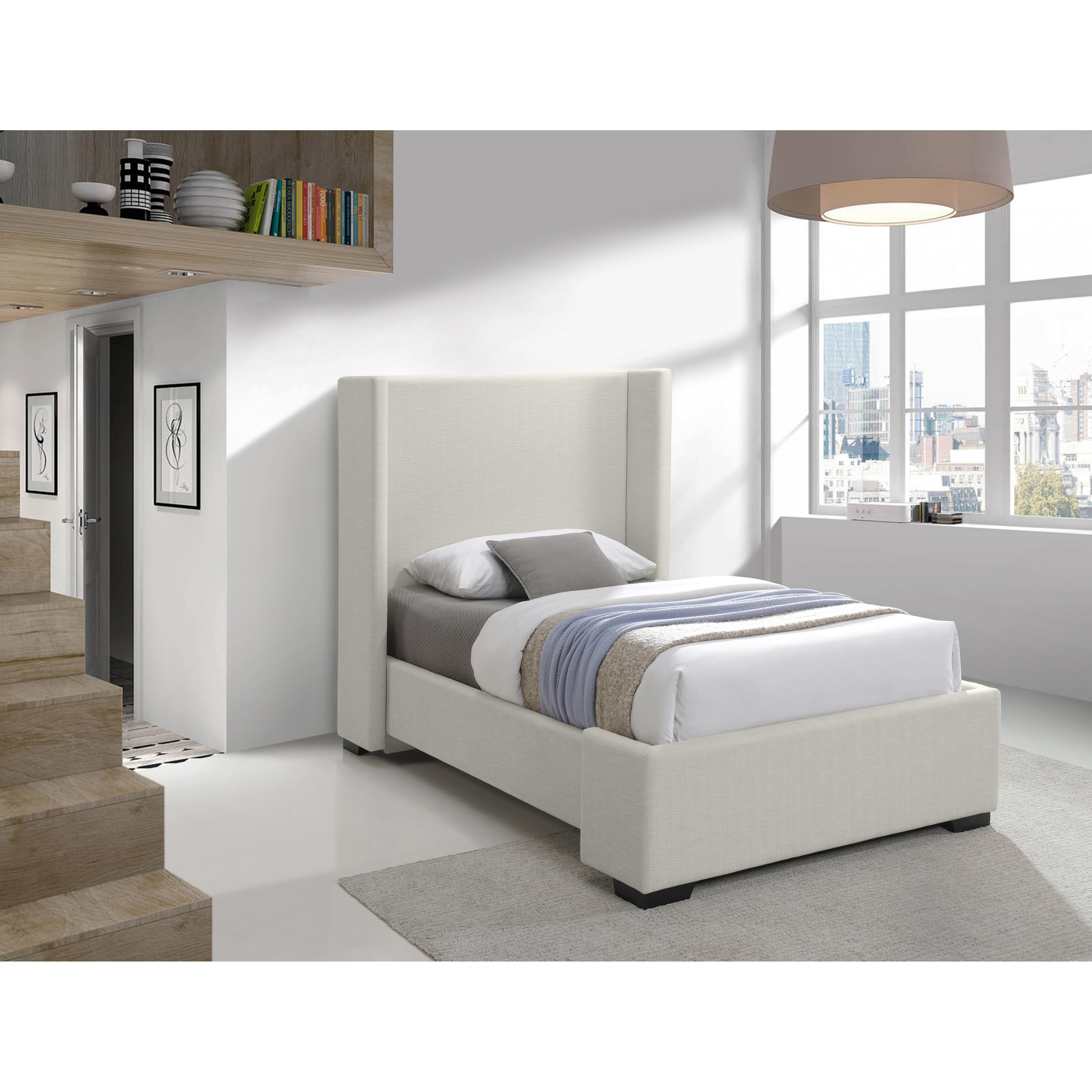Meridian Oxford Beige Linen Textured Fabric Twin Bed (3 Boxes)