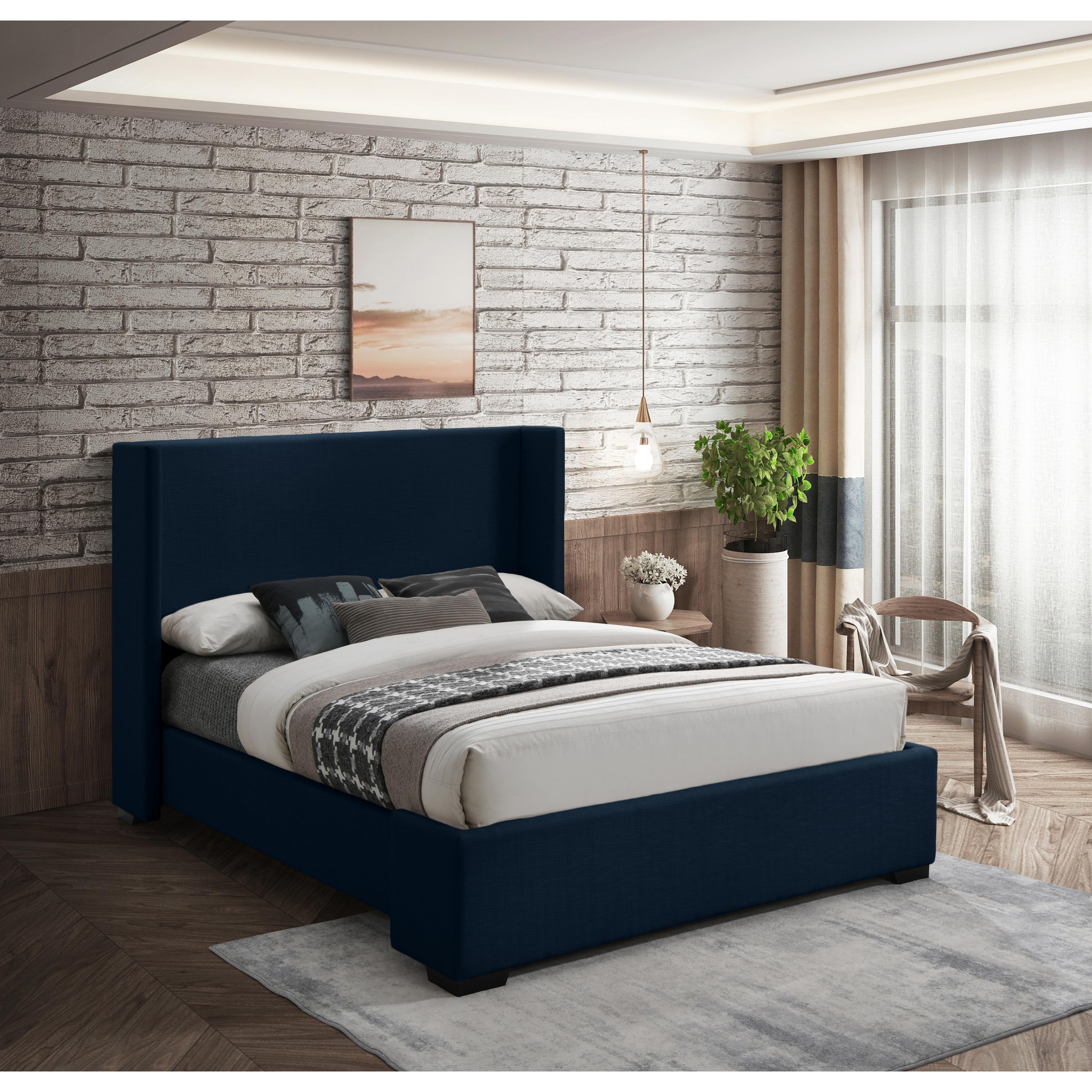 Meridian Oxford Navy Linen Textured Fabric Queen Bed (3 Boxes)