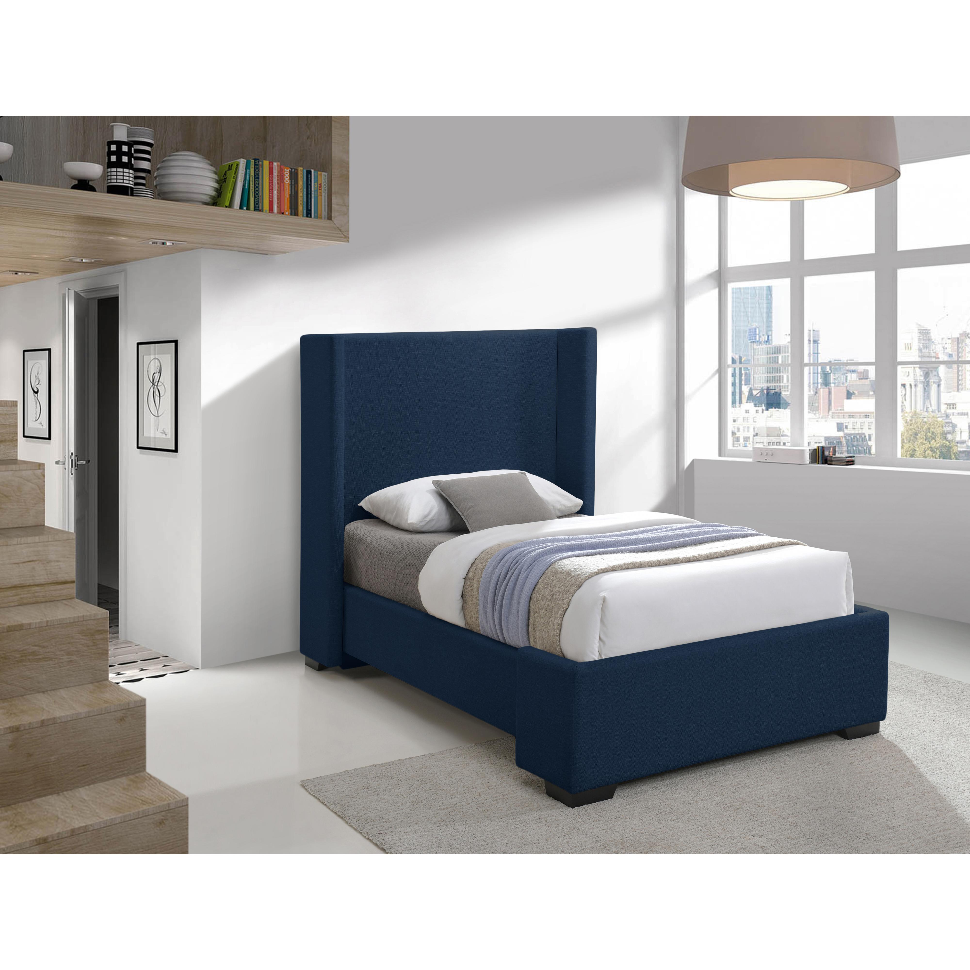 Meridian Oxford Navy Linen Textured Fabric Twin Bed (3 Boxes)