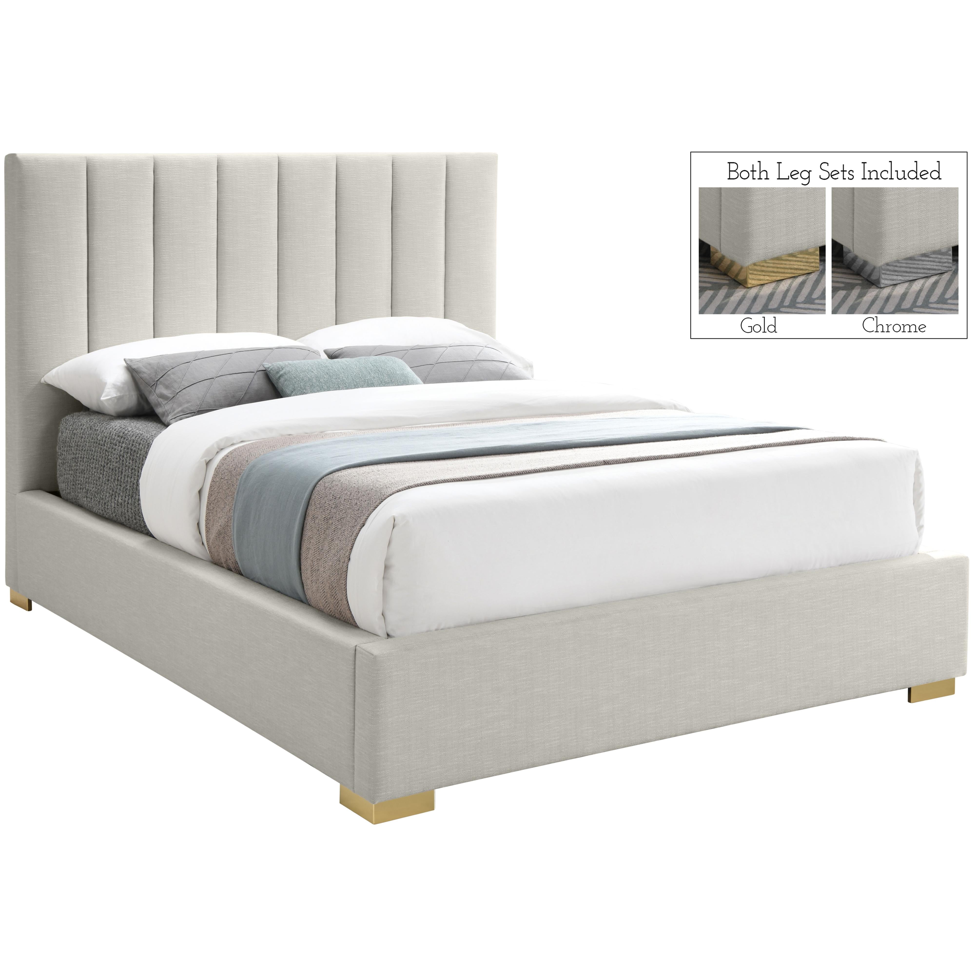 Meridian Pierce Beige Linen Textured Fabric Queen Bed