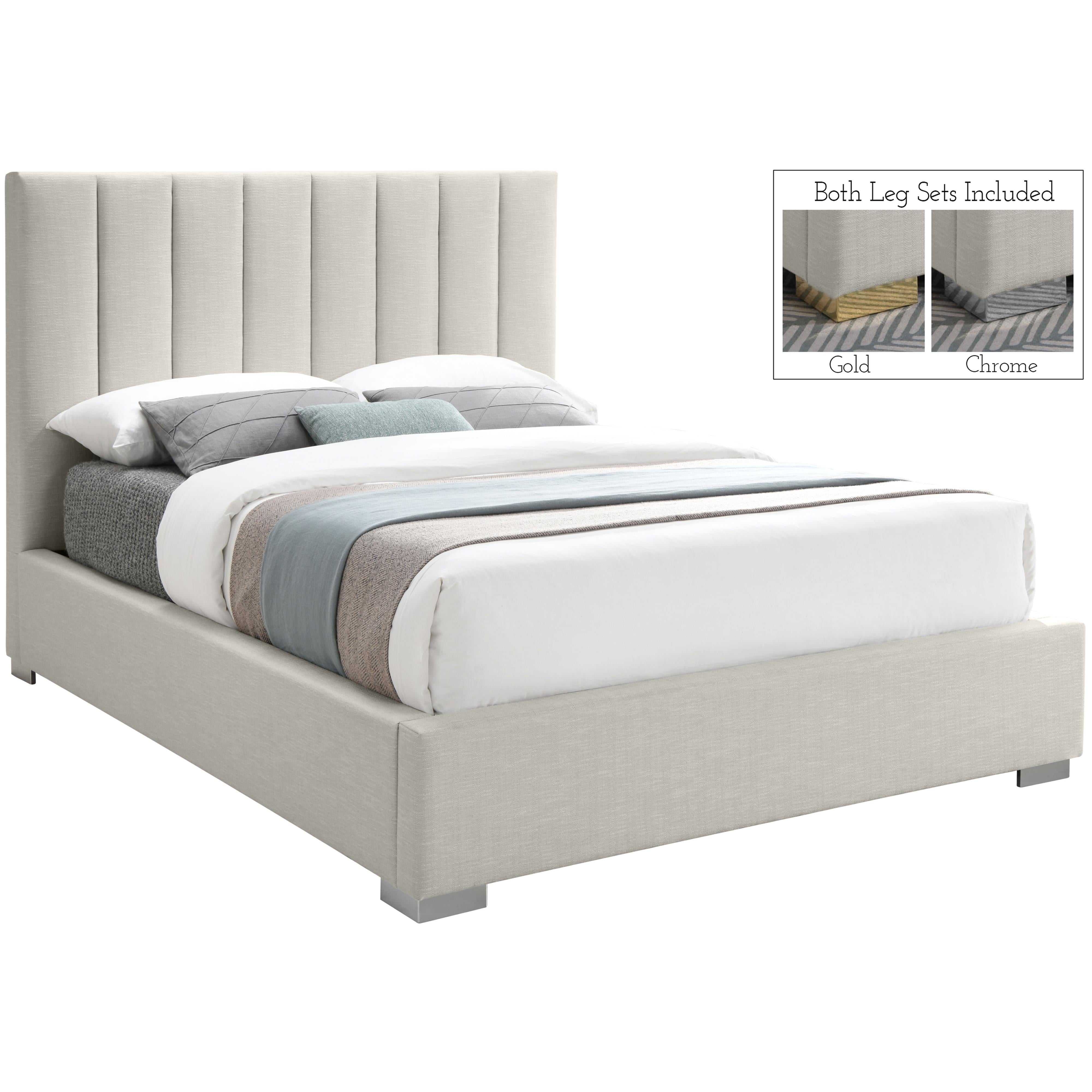 Meridian Pierce Beige Linen Textured Fabric Queen Bed