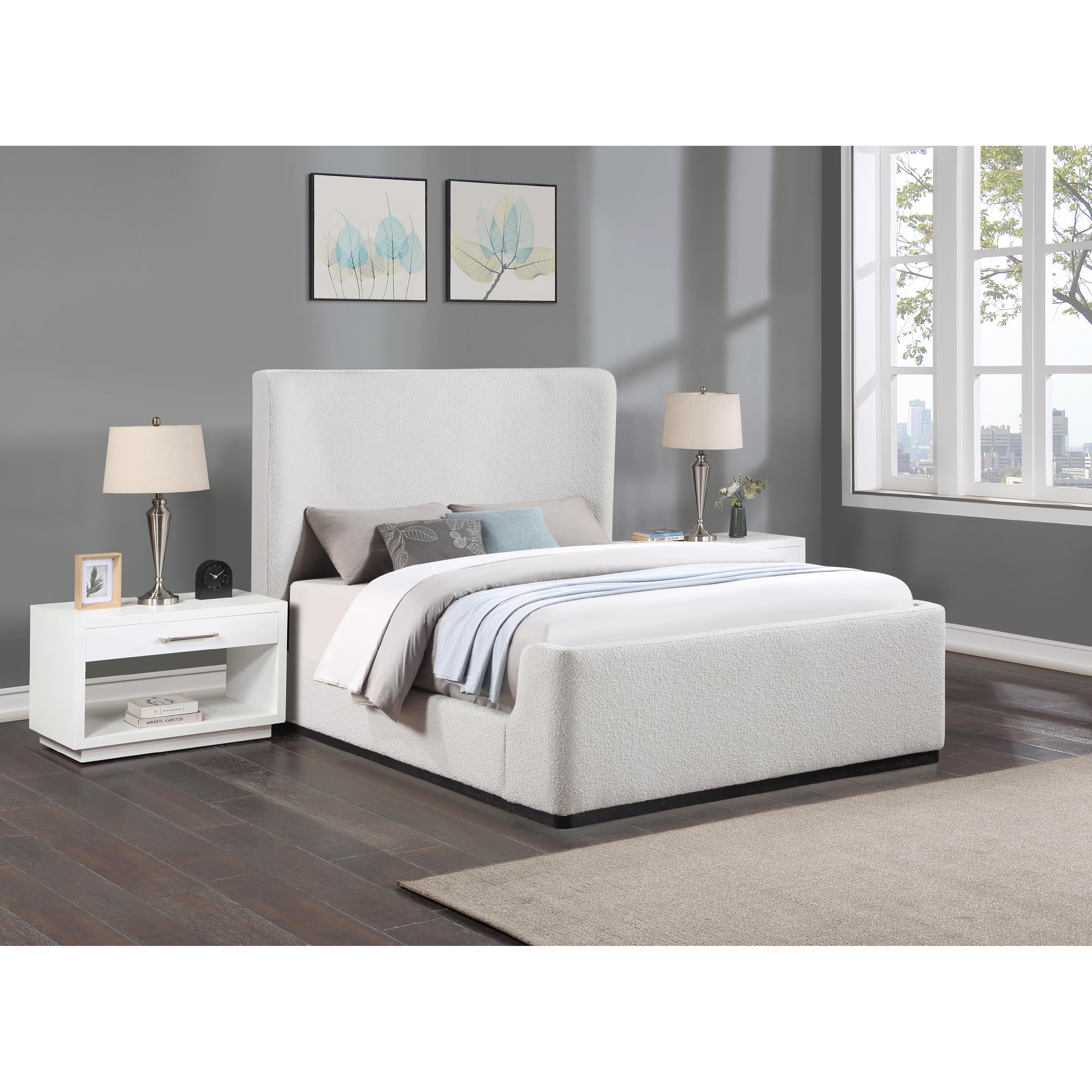 Meridian Oliver Cream Boucle Fabric Queen Bed (3 Boxes)