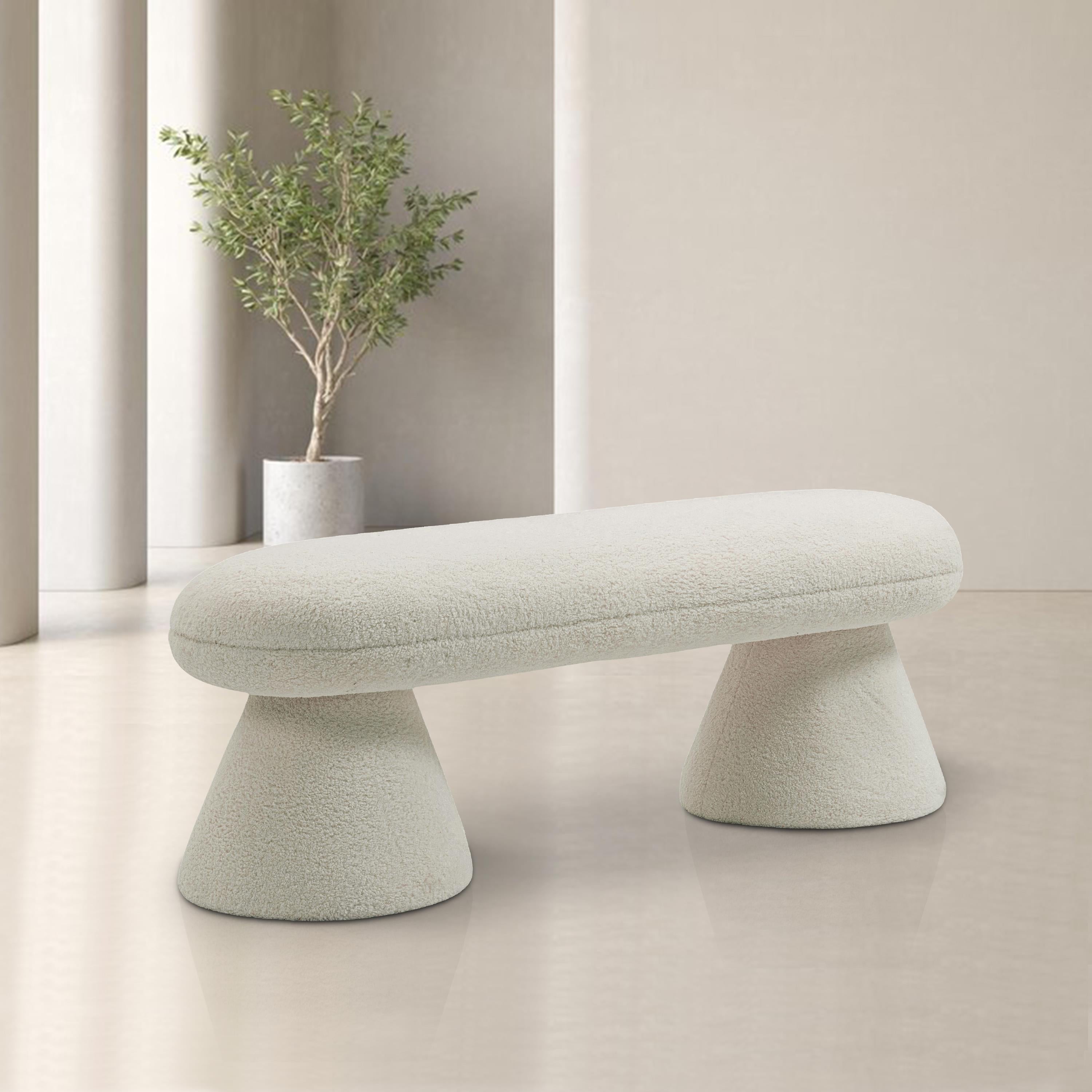 Meridian Drum Beige Faux Shearling Teddy Fabric Bench