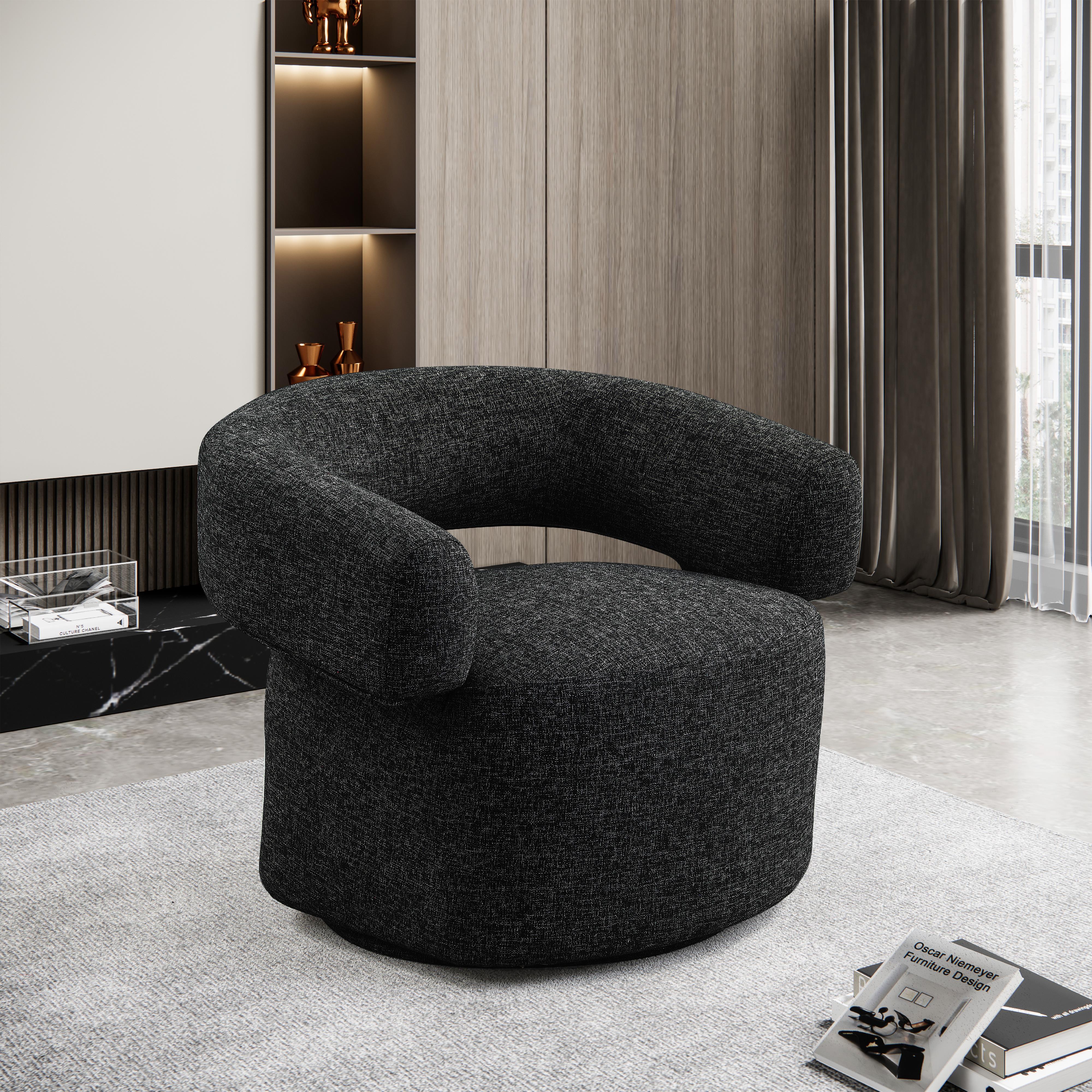 Meridian Niya Black Linen Textured Fabric Swivel Accent Chair