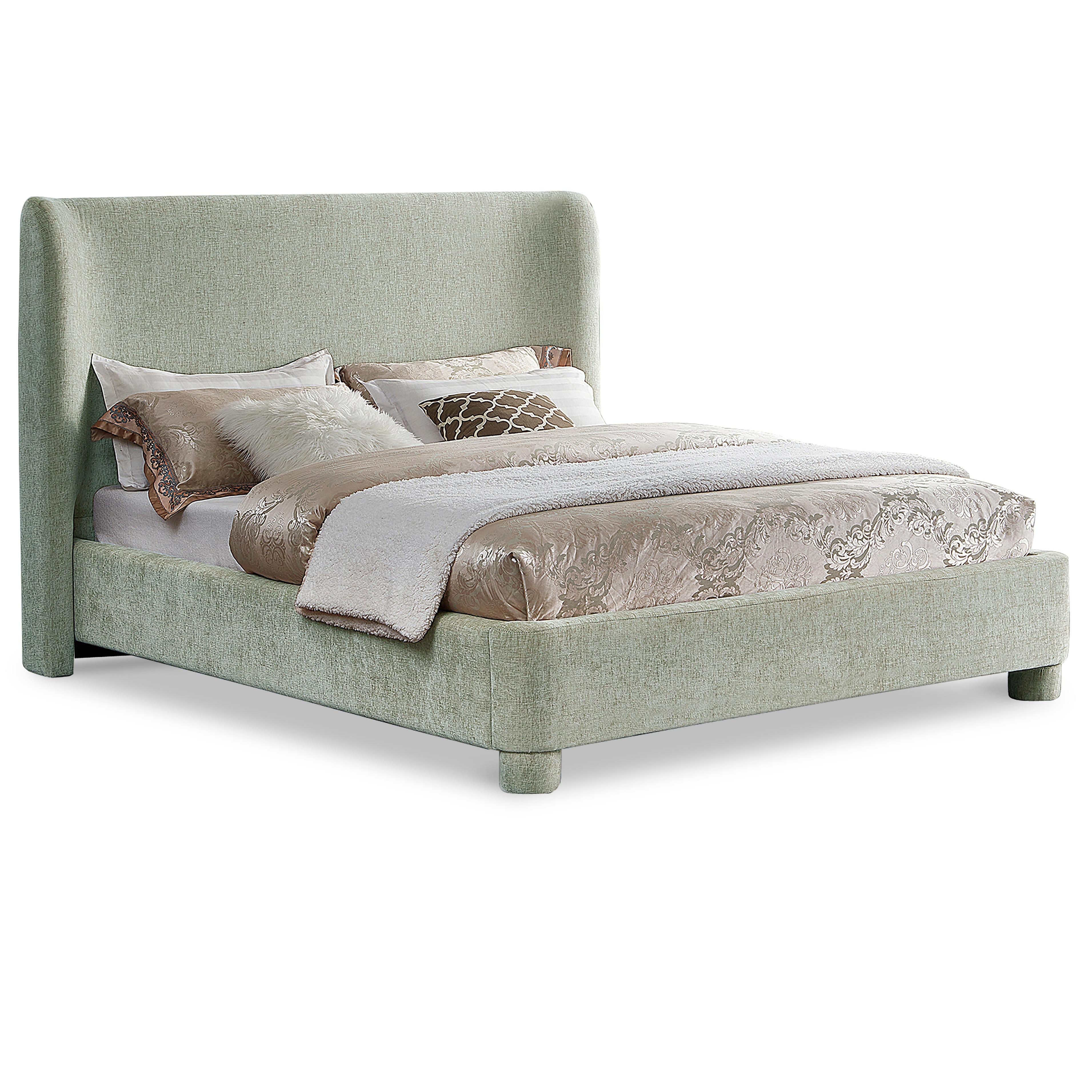 Meridian Penny Mint Green Chenille Fabric Queen Bed