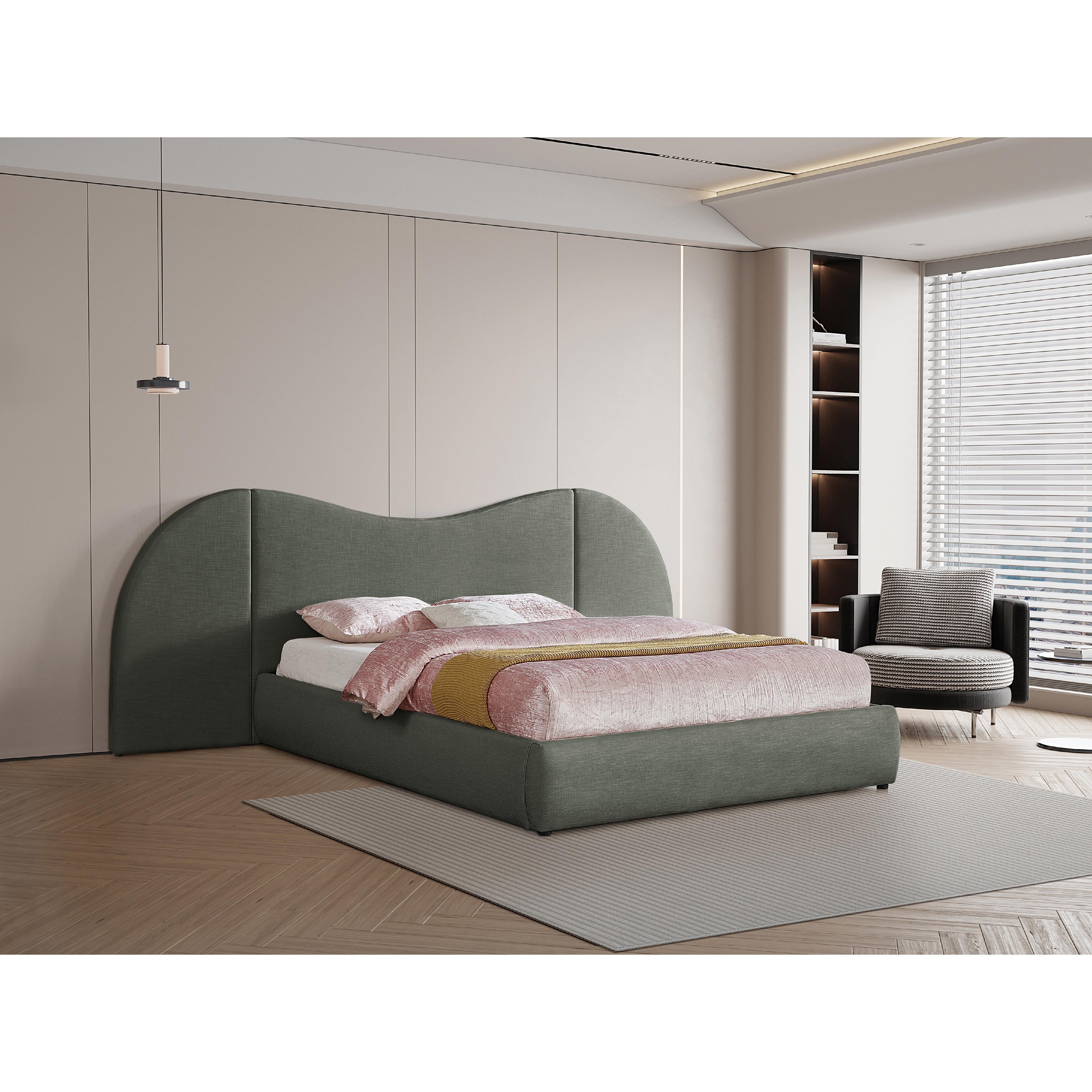 Meridian Everest Olive Green Linen Textured Fabric Queen Bed (3 Boxes)