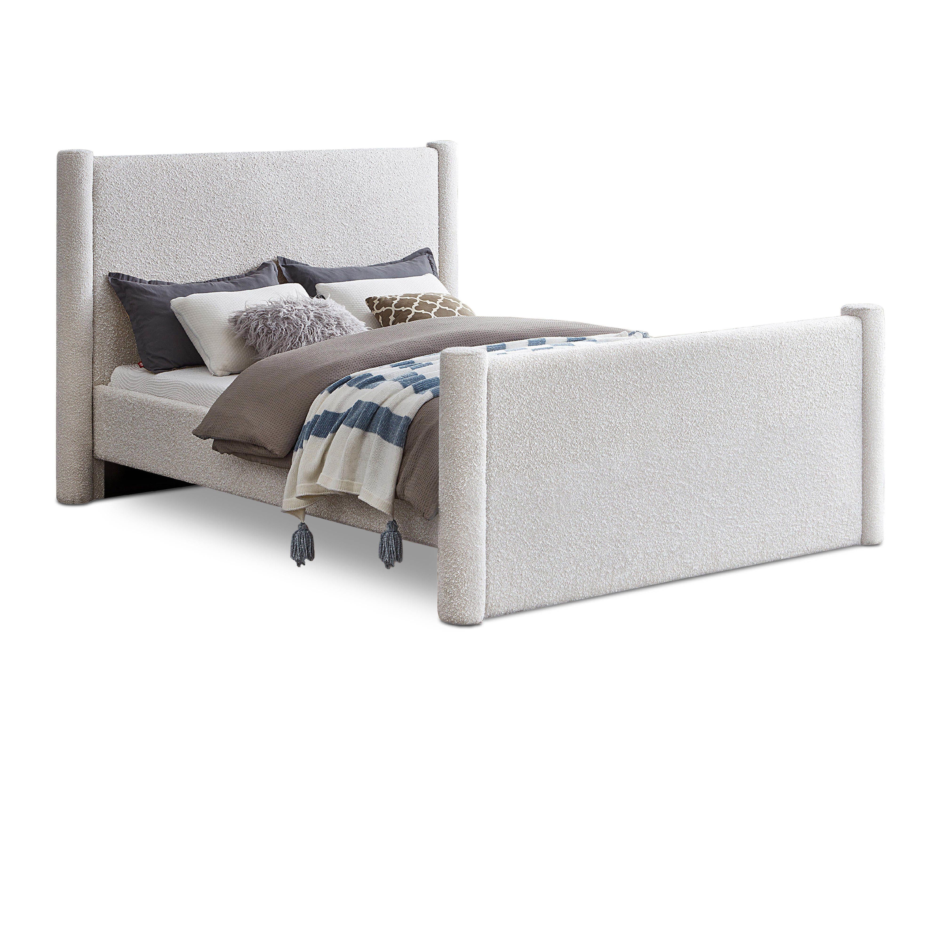 Meridian Elias Cream Boucle Fabric Queen Bed