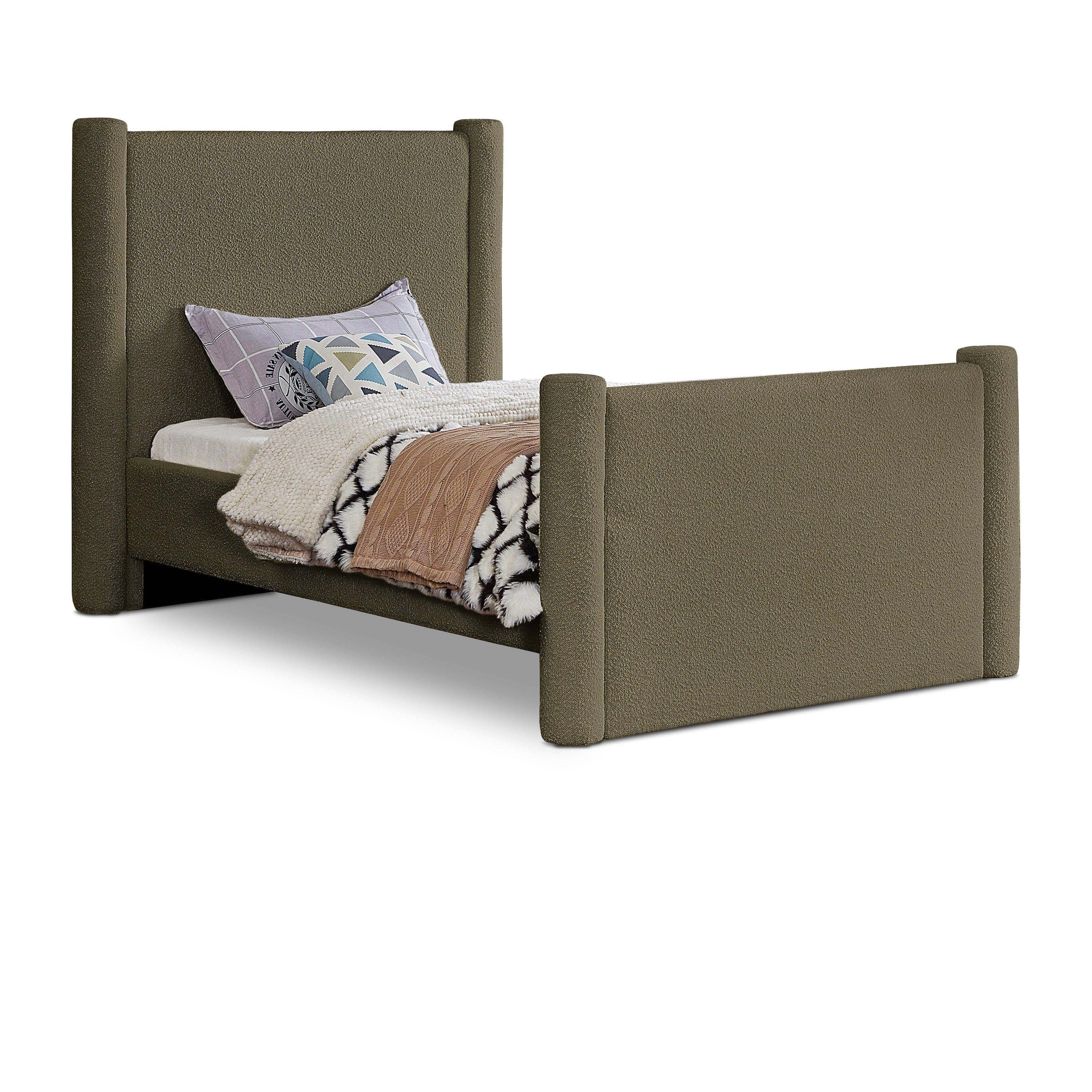 Meridian Elias Olive Green Boucle Fabric Twin Bed