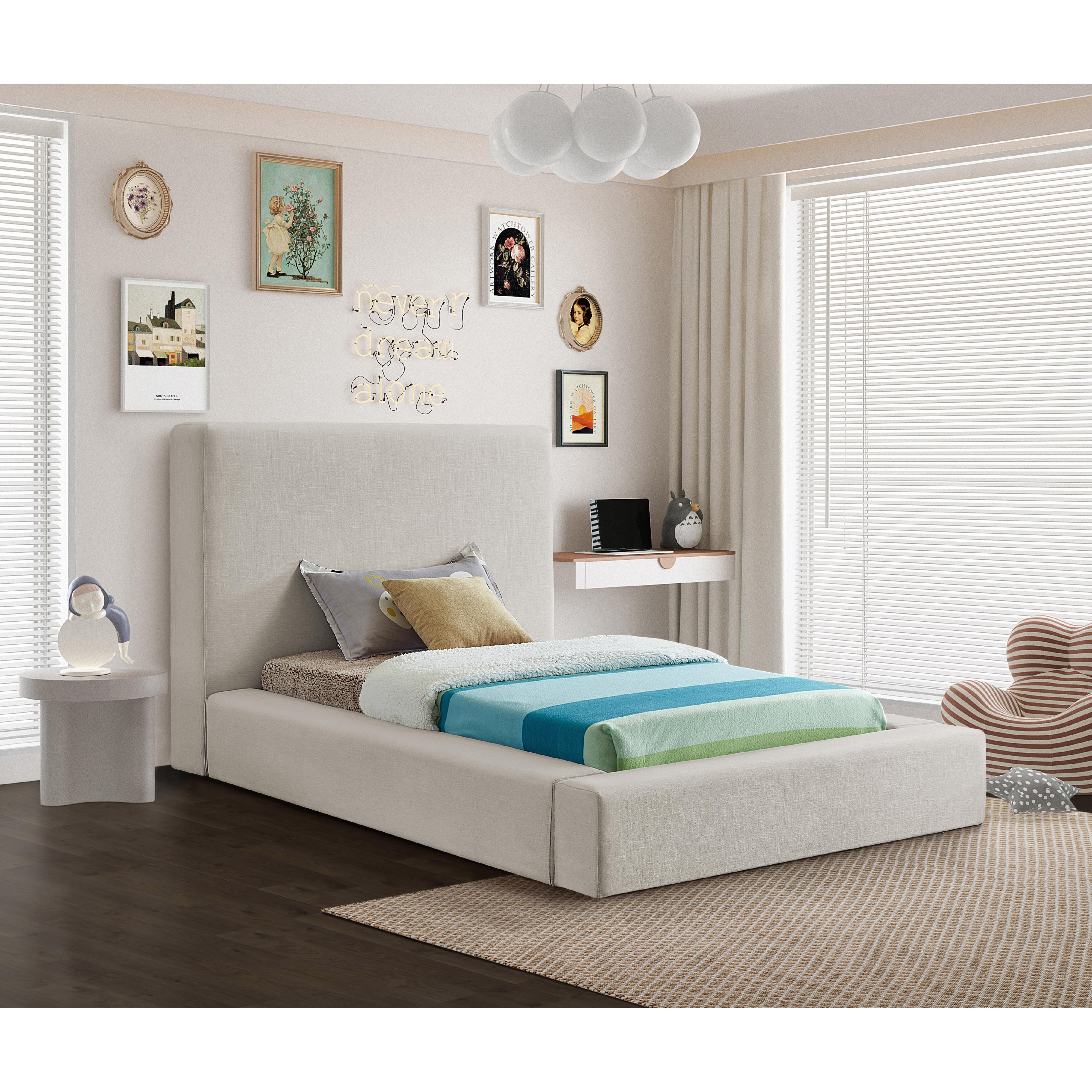 Meridian Devin Beige Linen Textured Fabric Twin Bed