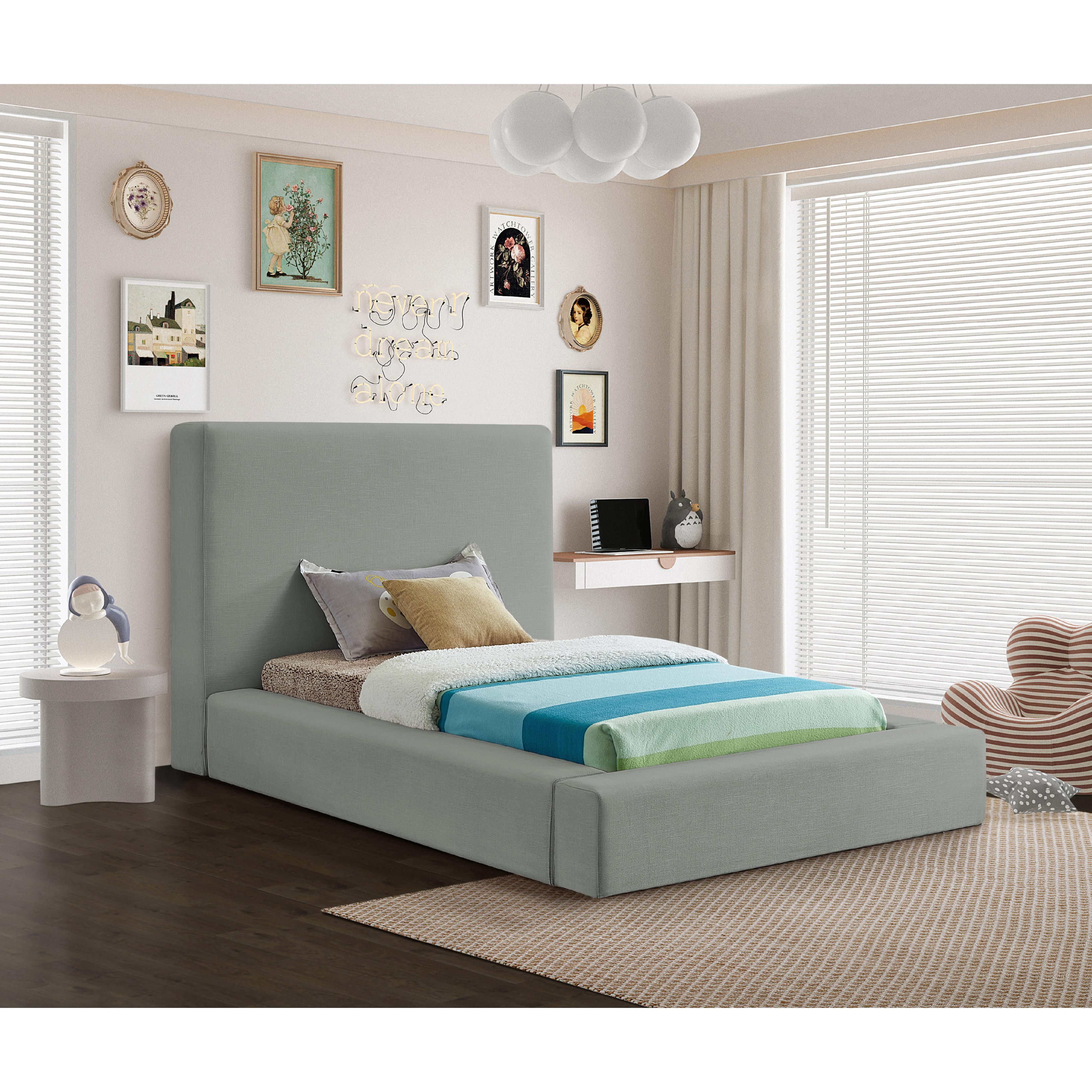 Meridian Devin Grey Linen Textured Fabric Twin Bed