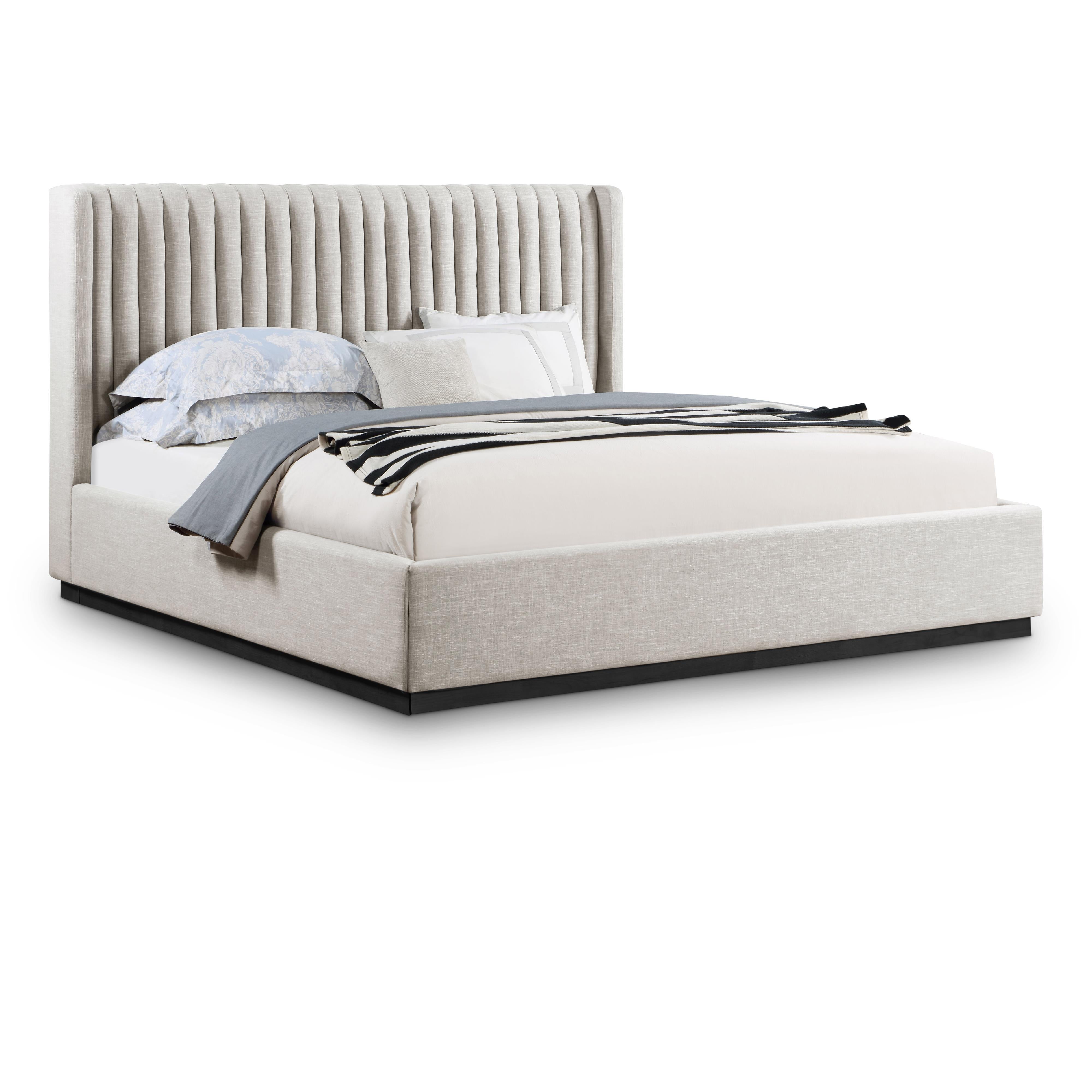 Meridian Logan Beige Linen Textured Fabric King Bed