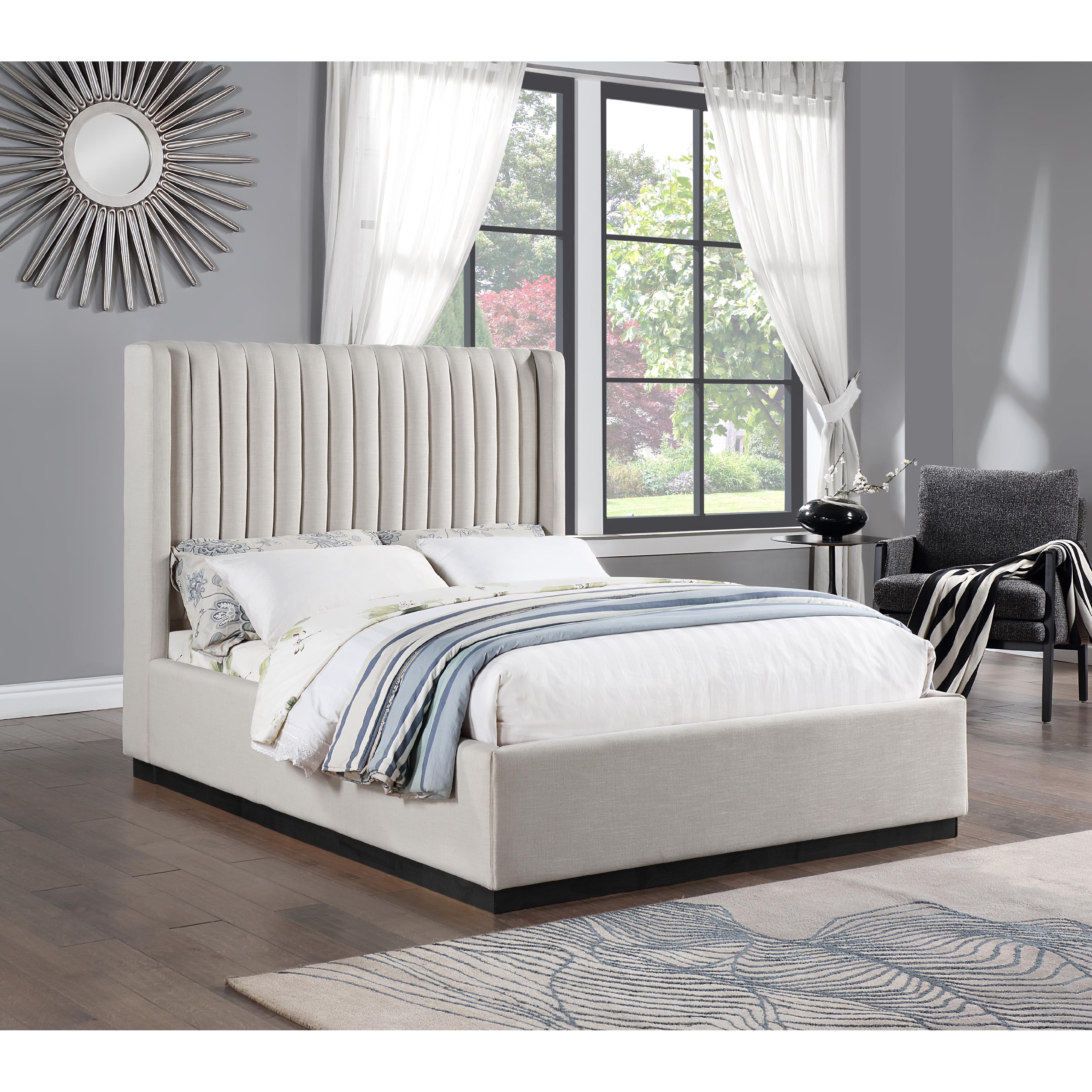 Meridian Logan Beige Linen Textured Fabric Queen Bed