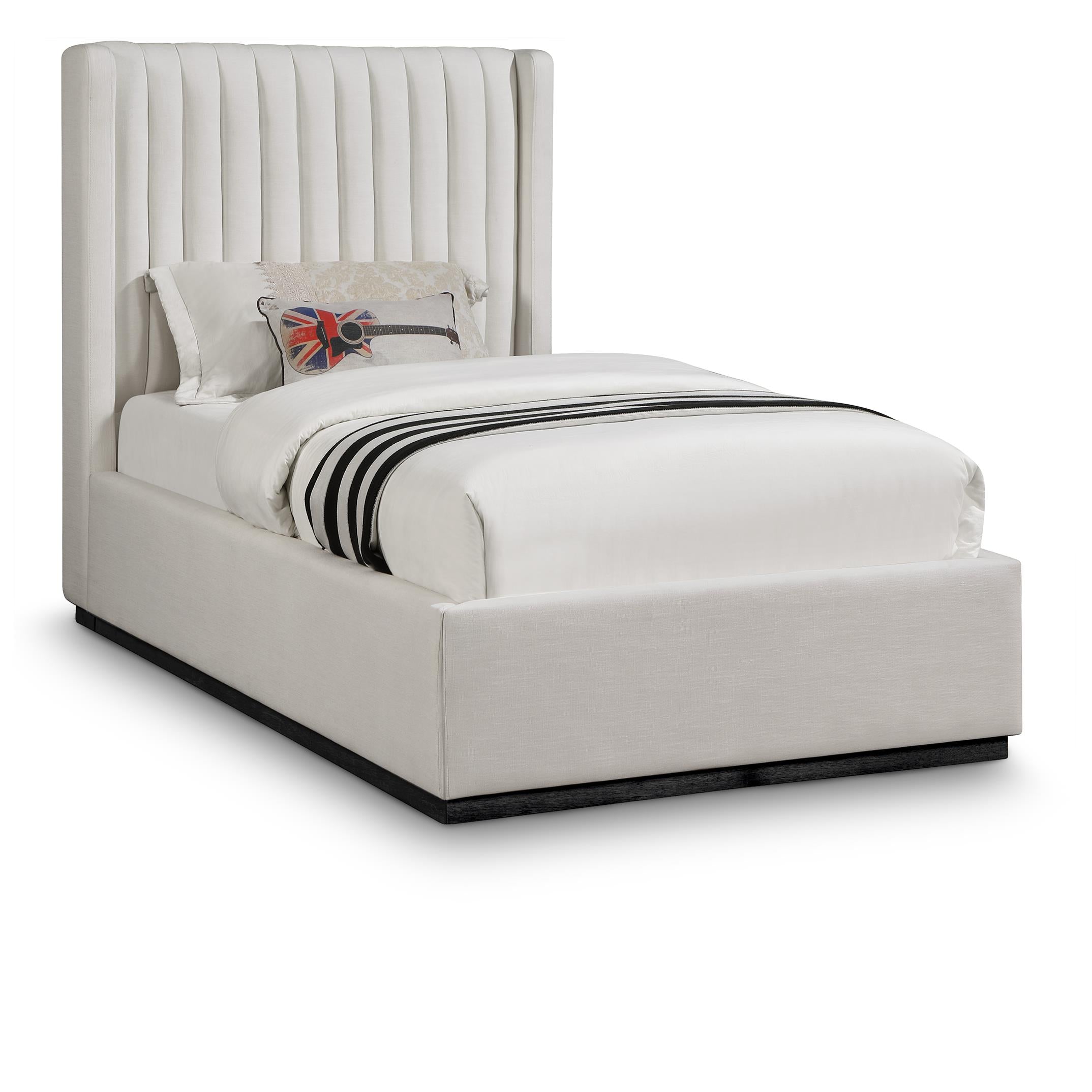 Meridian Logan Beige Linen Textured Fabric Twin Bed