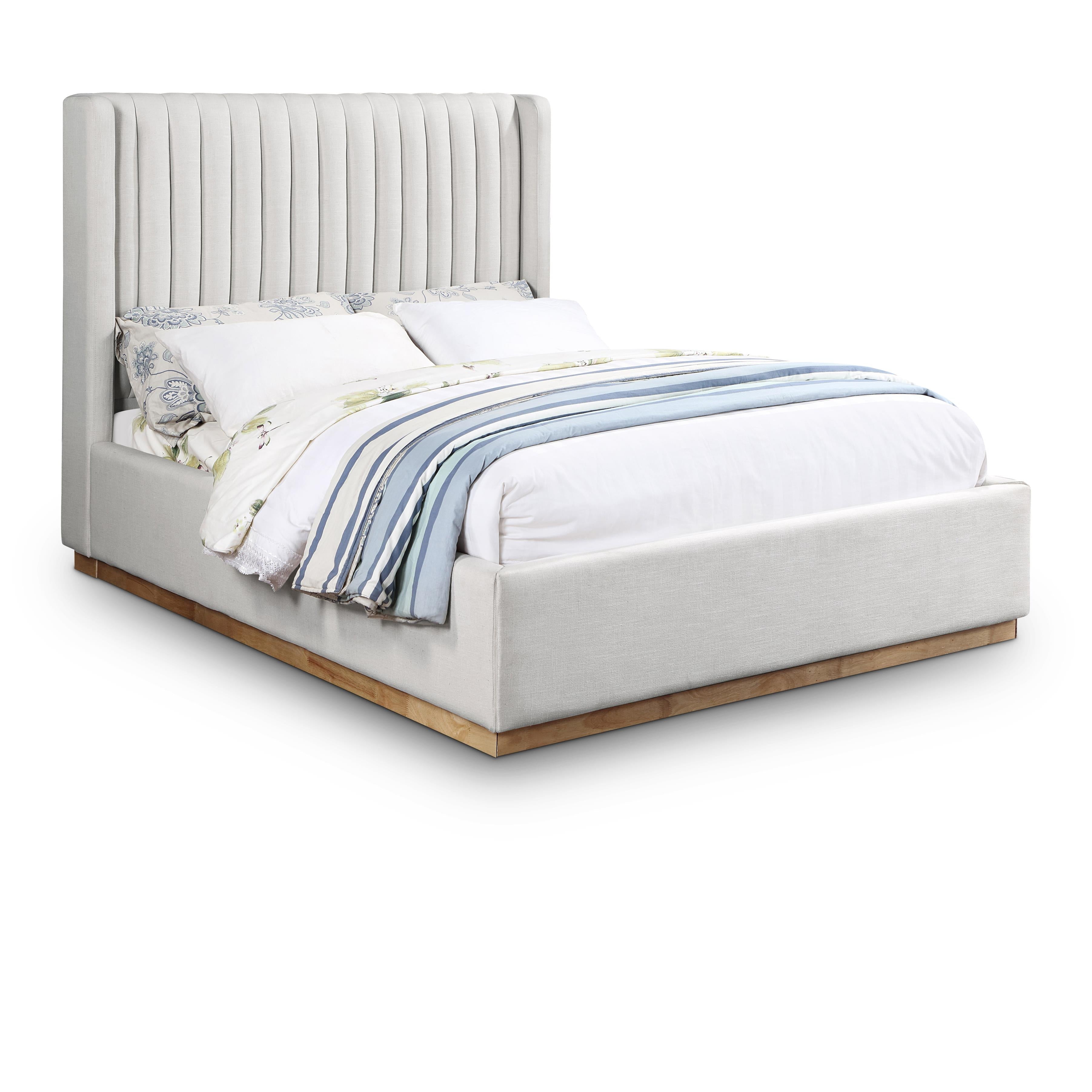 Meridian Logan Cream Linen Textured Fabric Queen Bed
