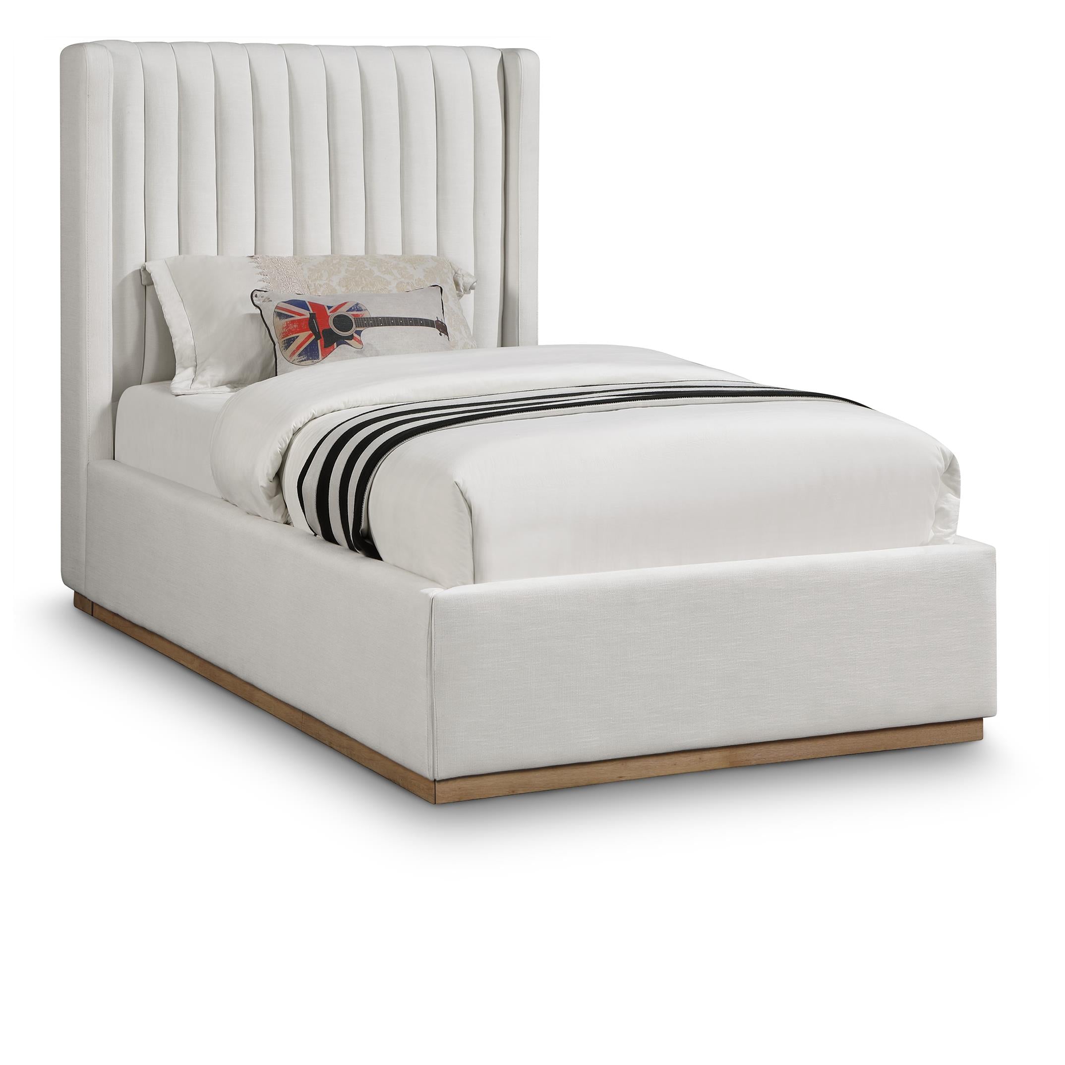 Meridian Logan Cream Linen Textured Fabric Twin Bed