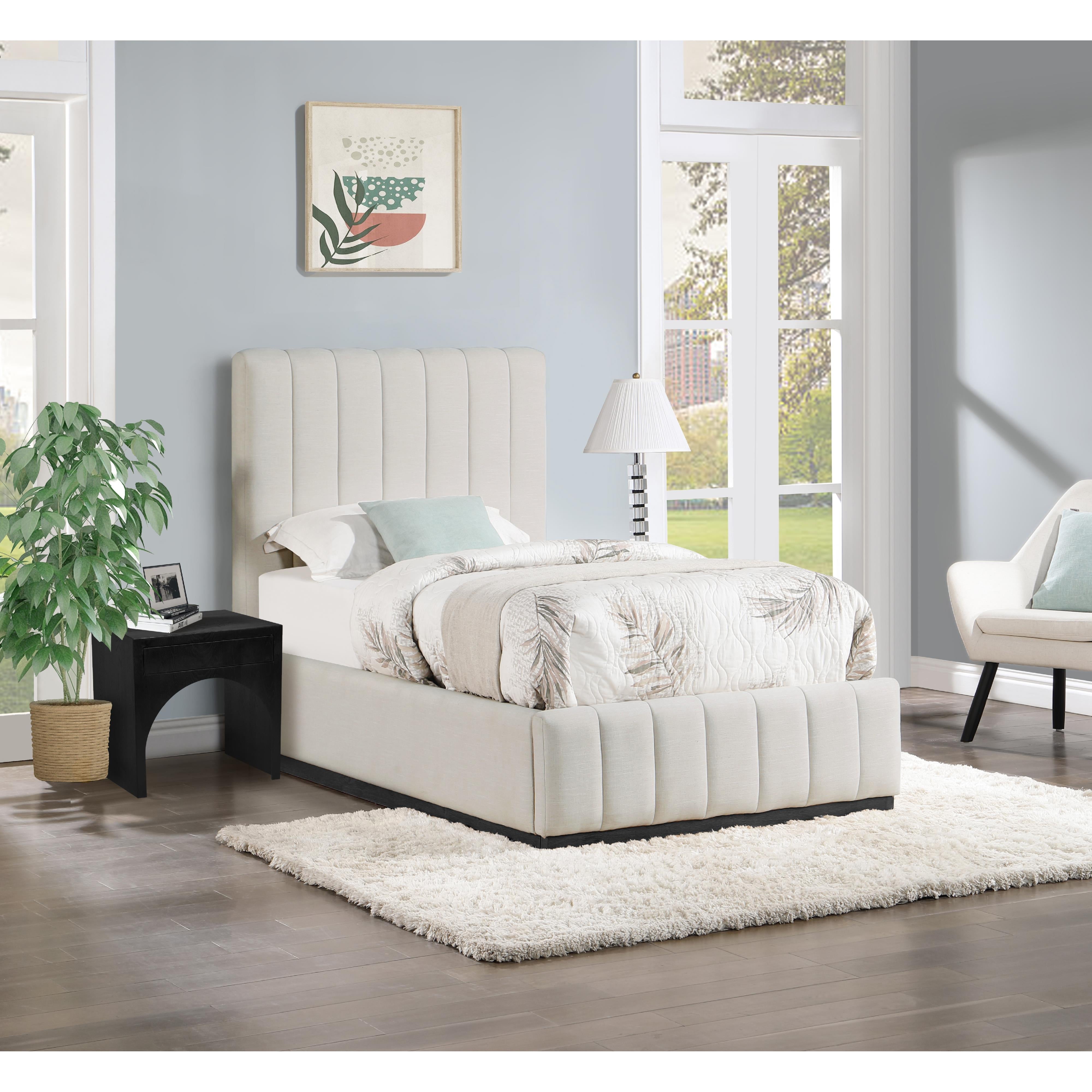 Meridian Lucia Beige Linen Textured Fabric Twin Bed