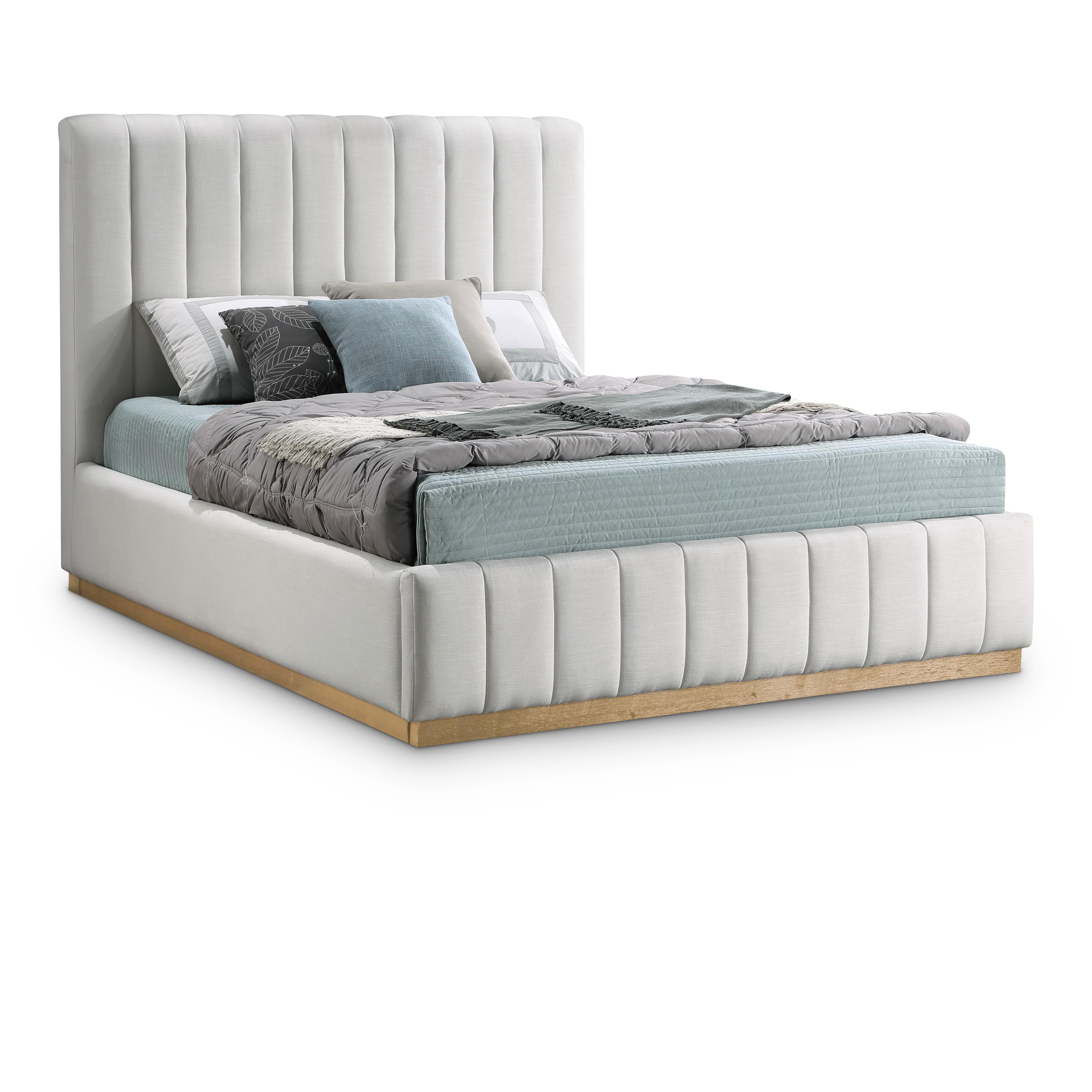 Meridian Lucia Cream Linen Textured Fabric Queen Bed
