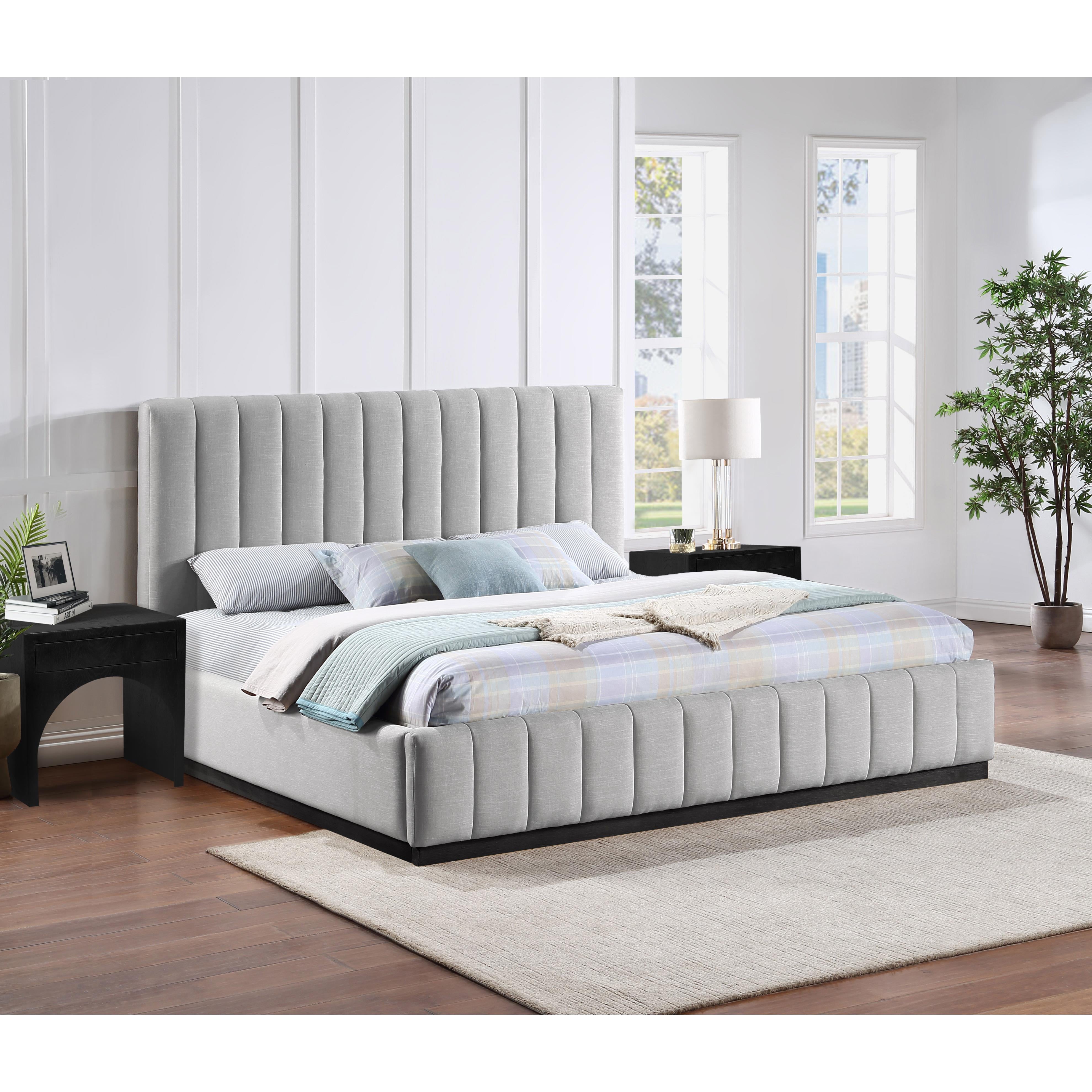 Meridian Lucia Grey Linen Textured Fabric King Bed