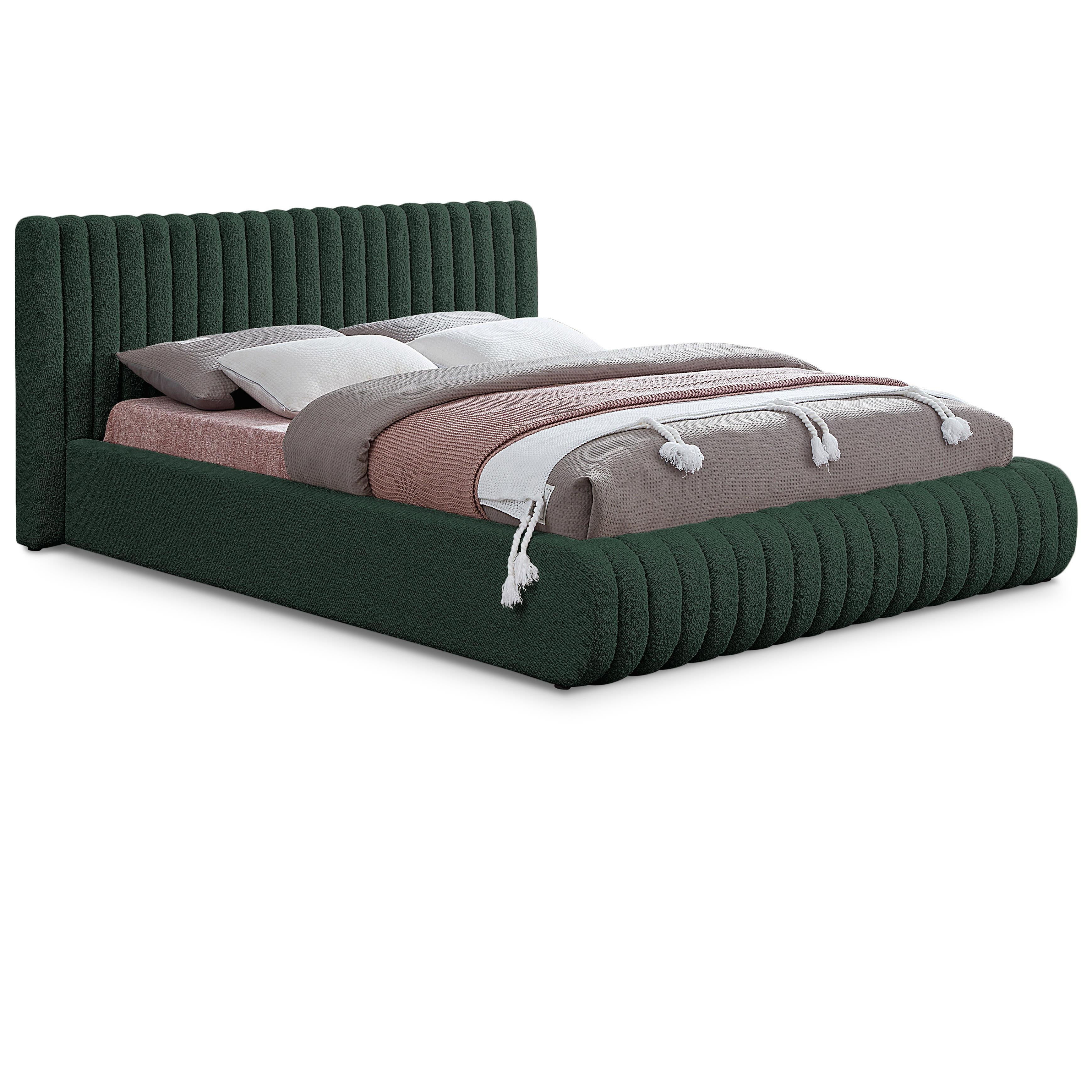 Meridian Nash Green Boucle Fabric Queen Bed