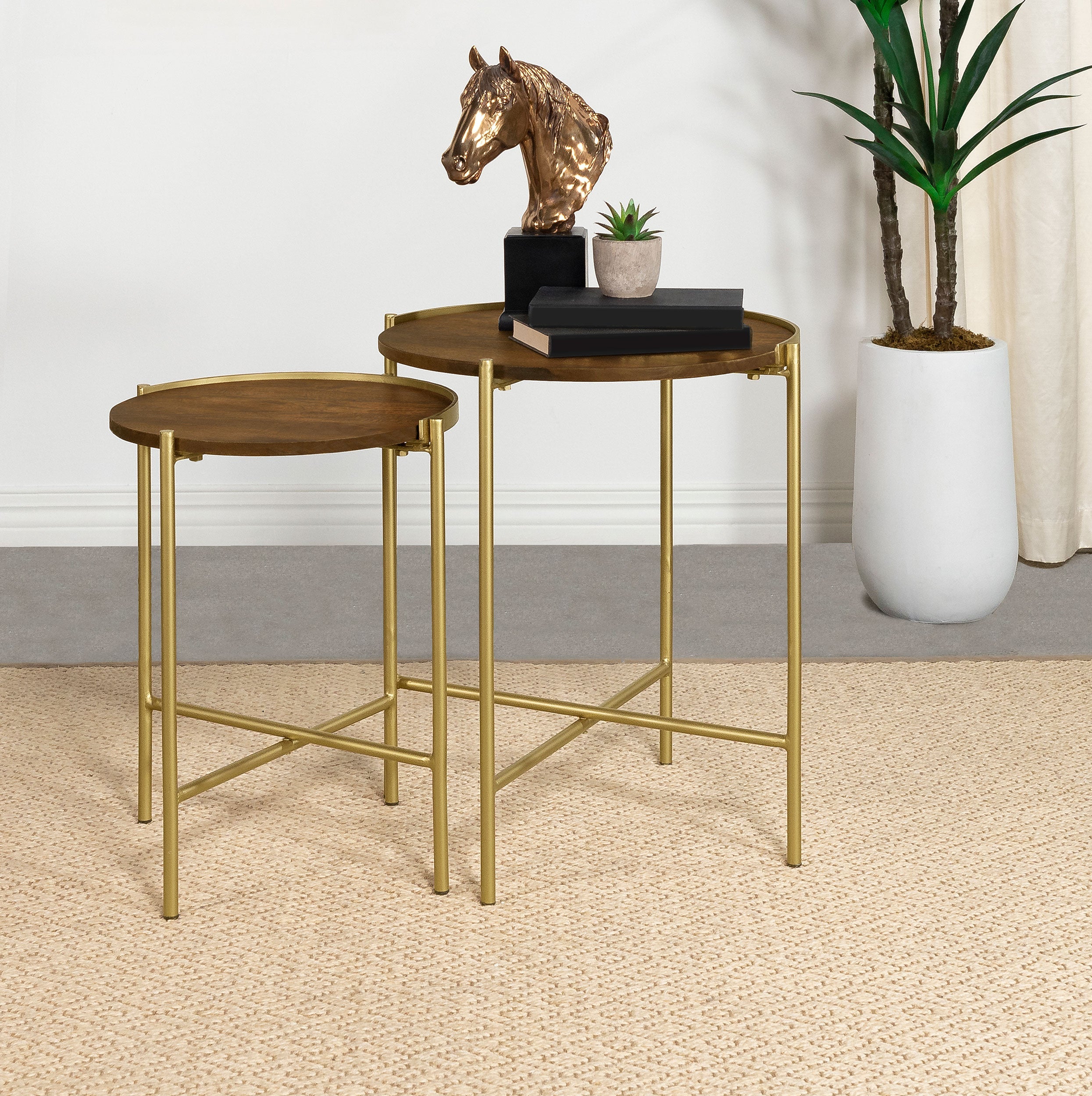 Malka Round Wood Nesting Table Dark Brown and Gold