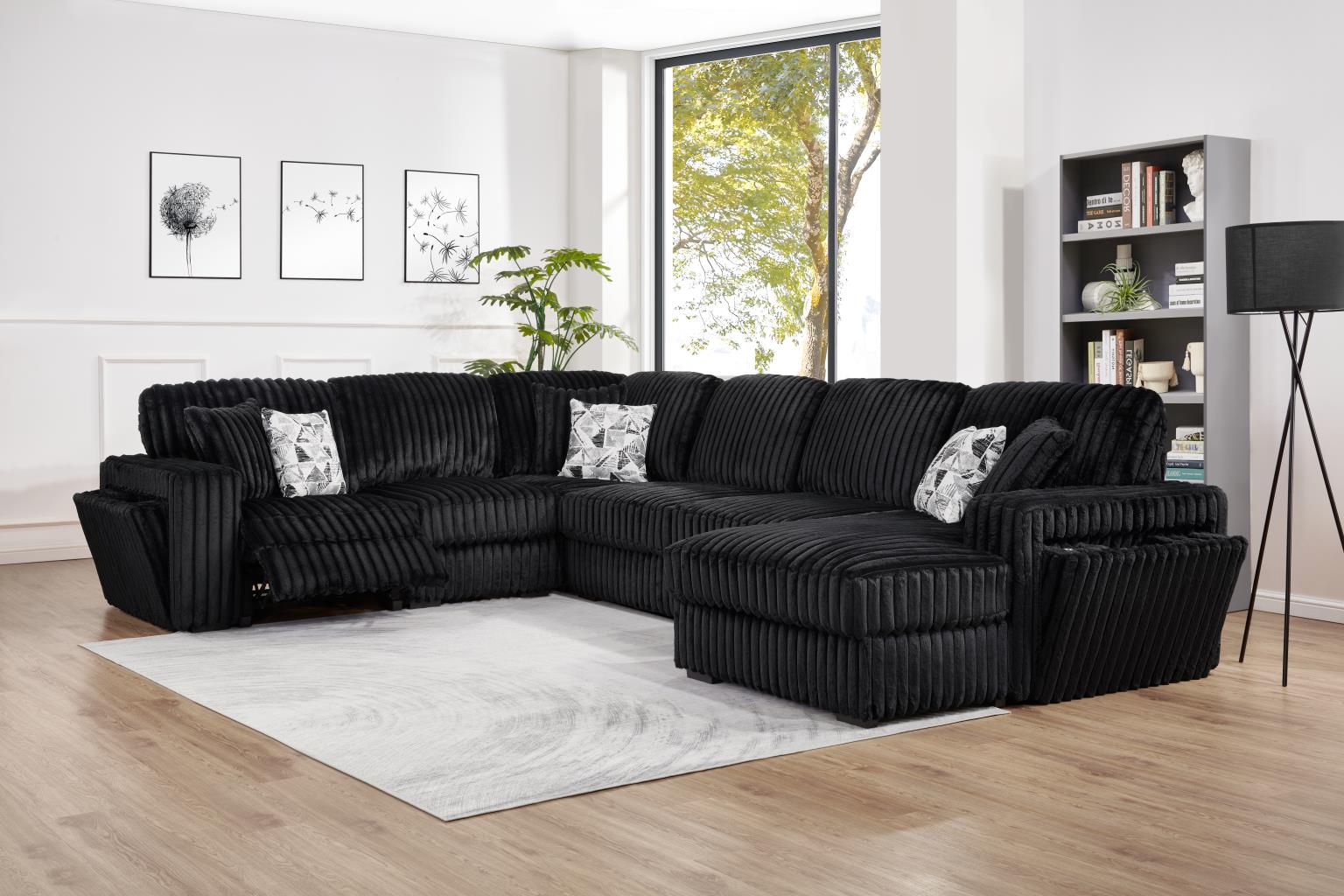 BLACK CORDUROY POWER RECLINING 4 PC SECTIONAL W/2 WIRELESS CHARGER