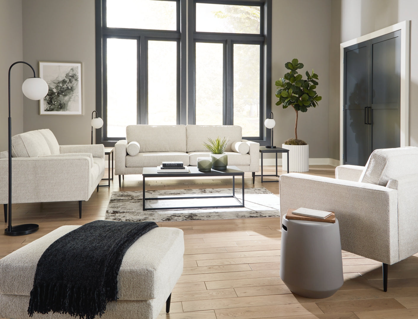 Hazela Sofa Chaise, Loveseat, Chair, and Ottoman