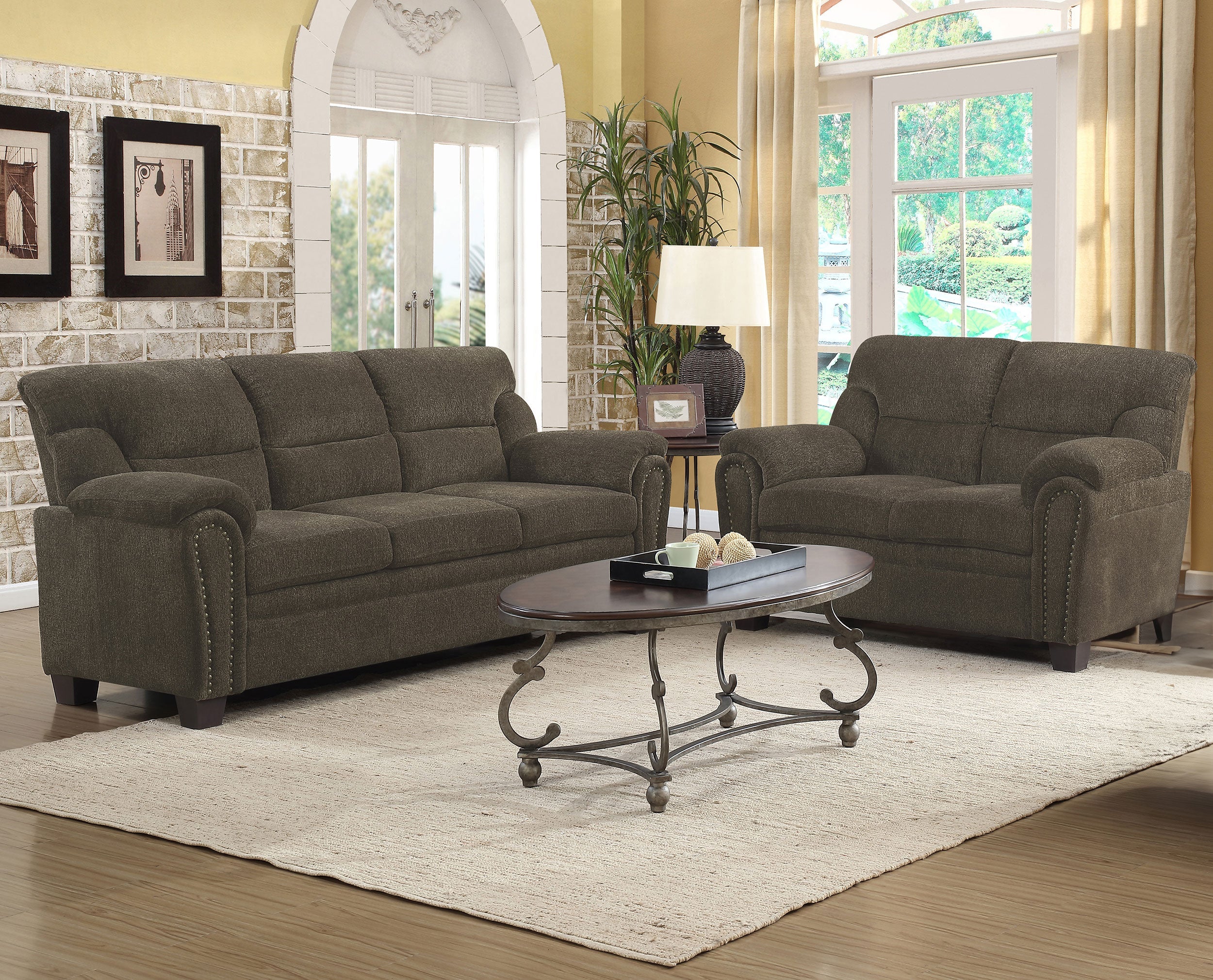Clementine  Upholstered Padded Arm Sofa Set Brown