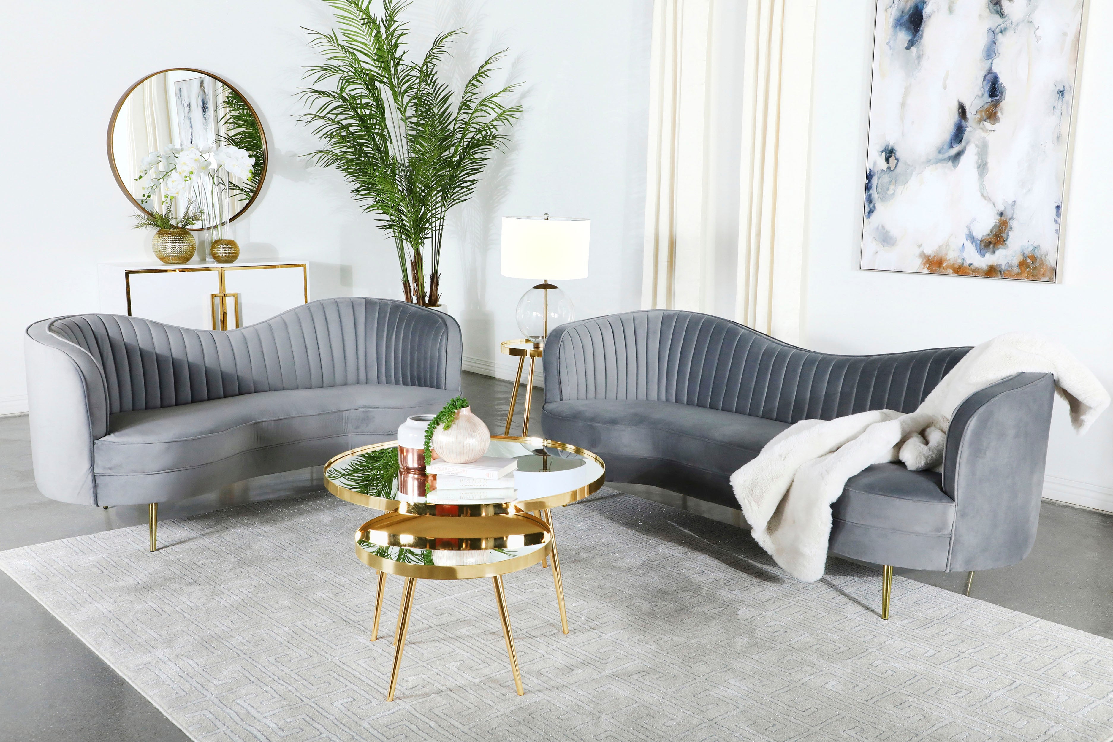 Sophia  Upholstered Channel Tufted Sofa Set Blue