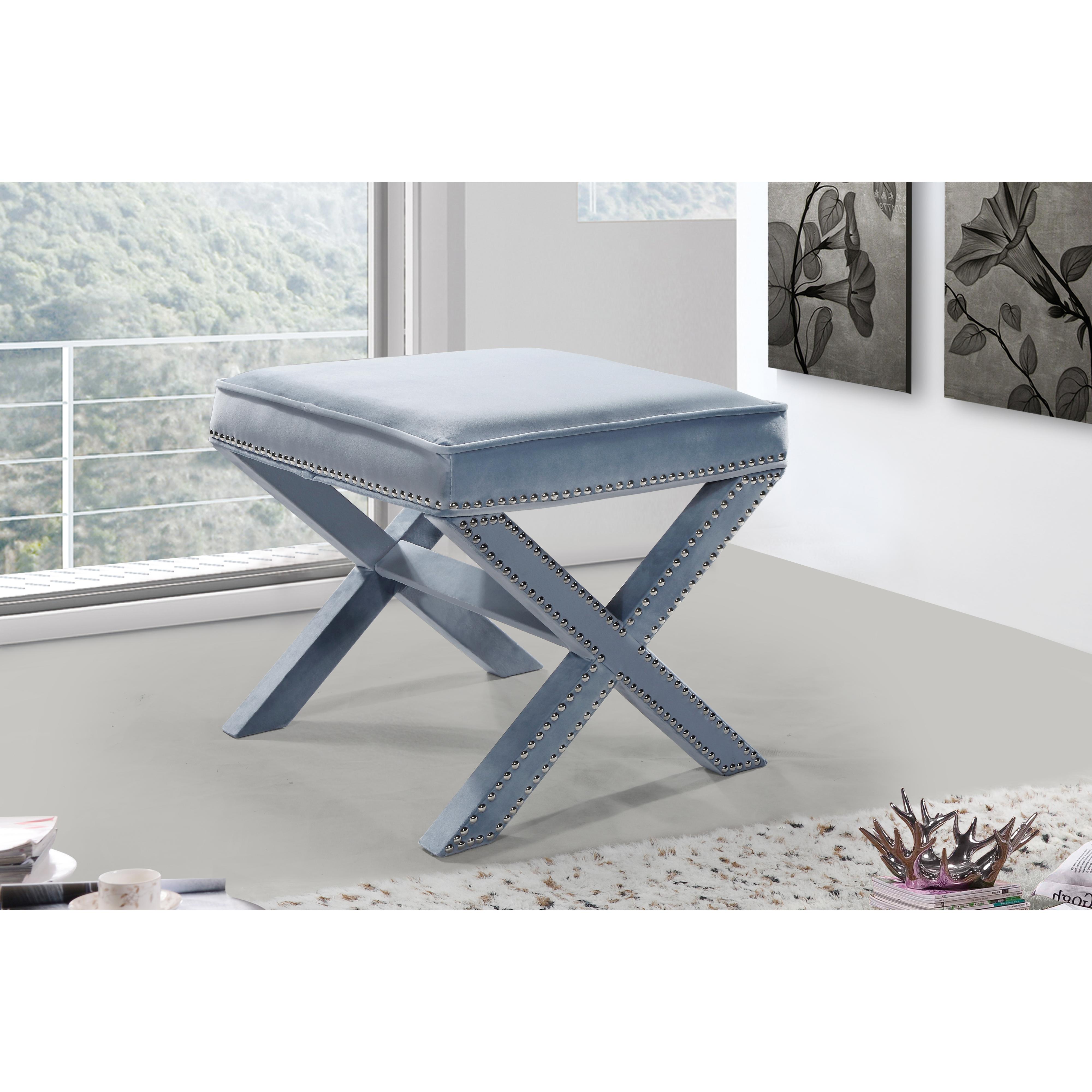 Meridian Nixon Sky Blue Velvet Ottoman/Bench