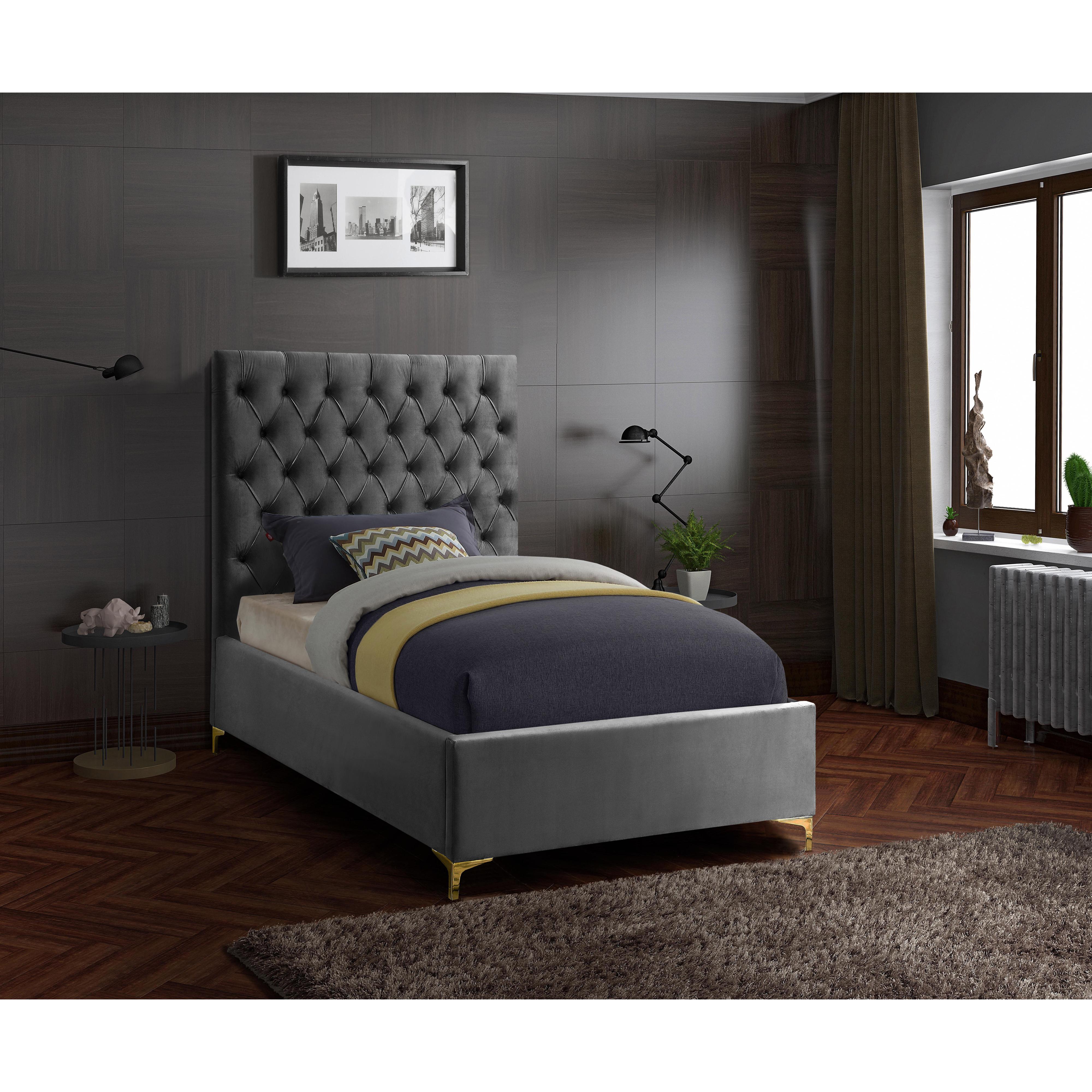 Meridian Cruz Grey Velvet Twin Bed