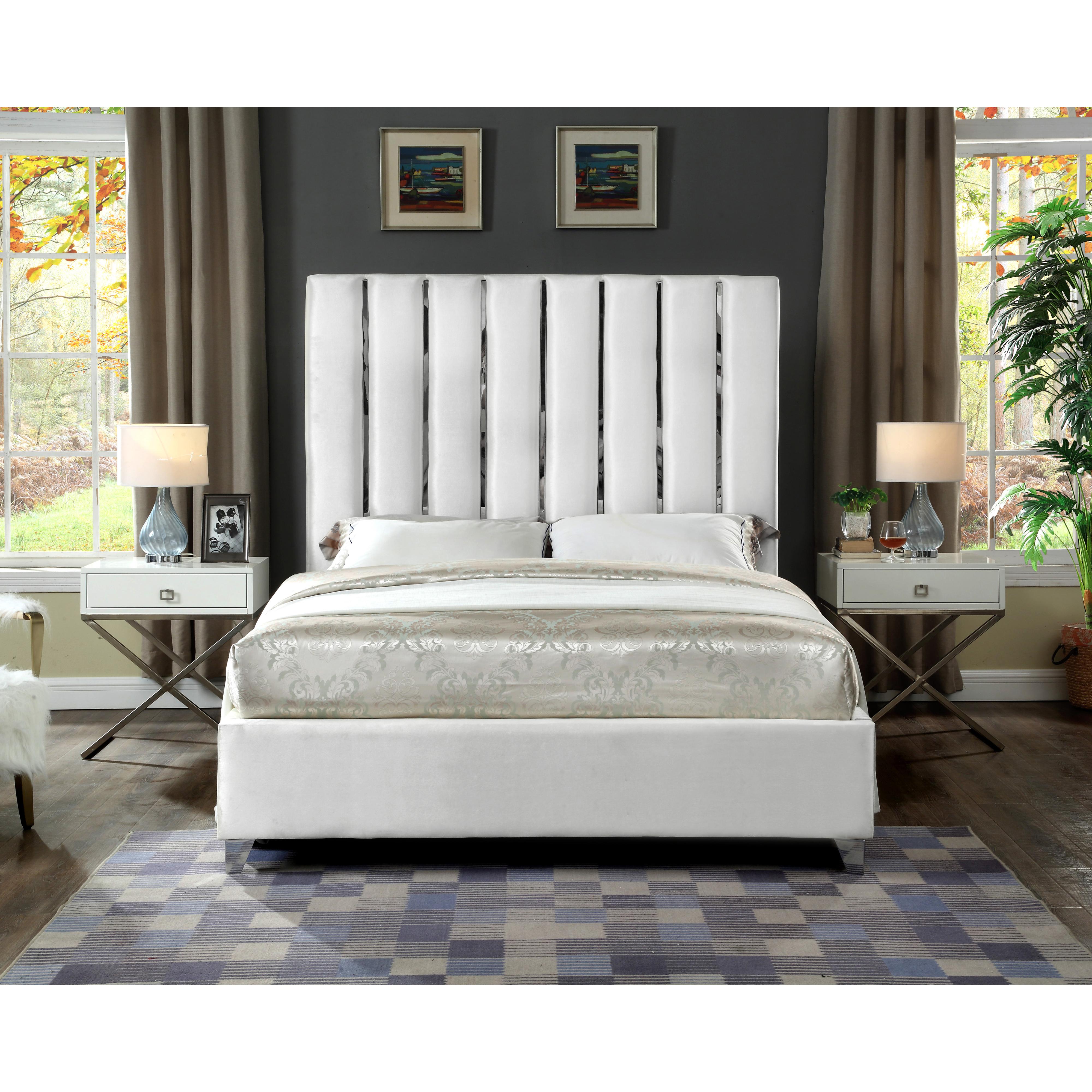 Meridian Enzo White Velvet Queen Bed