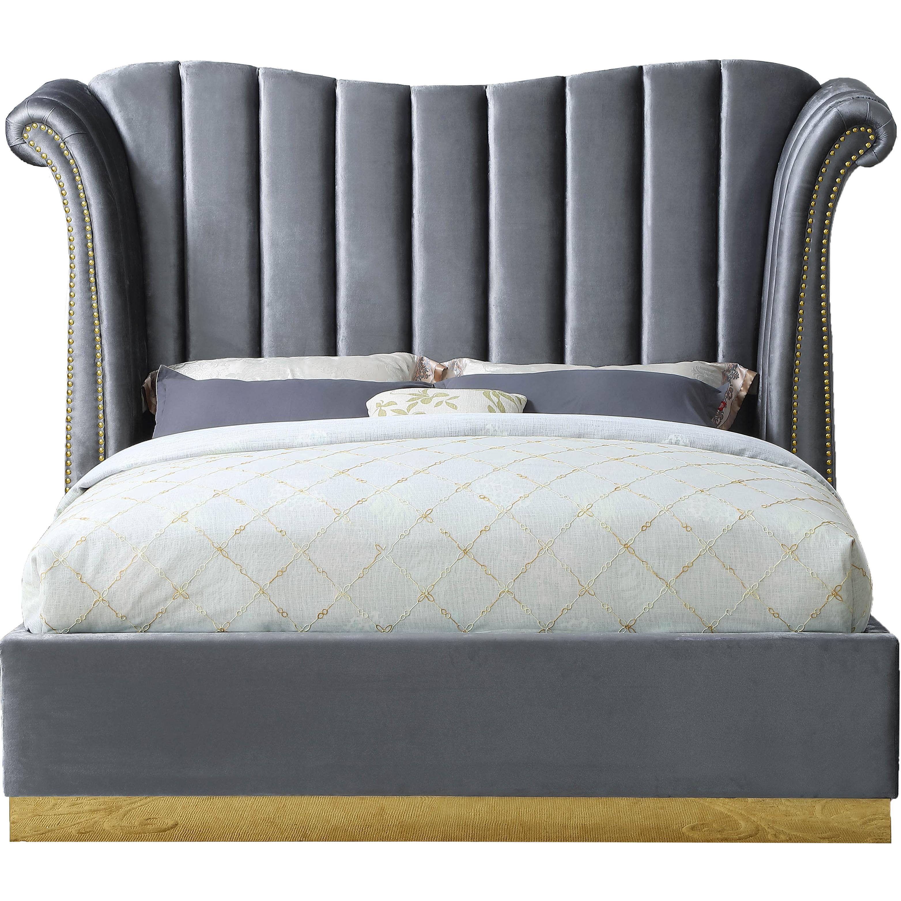 Meridian Flora Grey Velvet Queen Bed (3 Boxes)