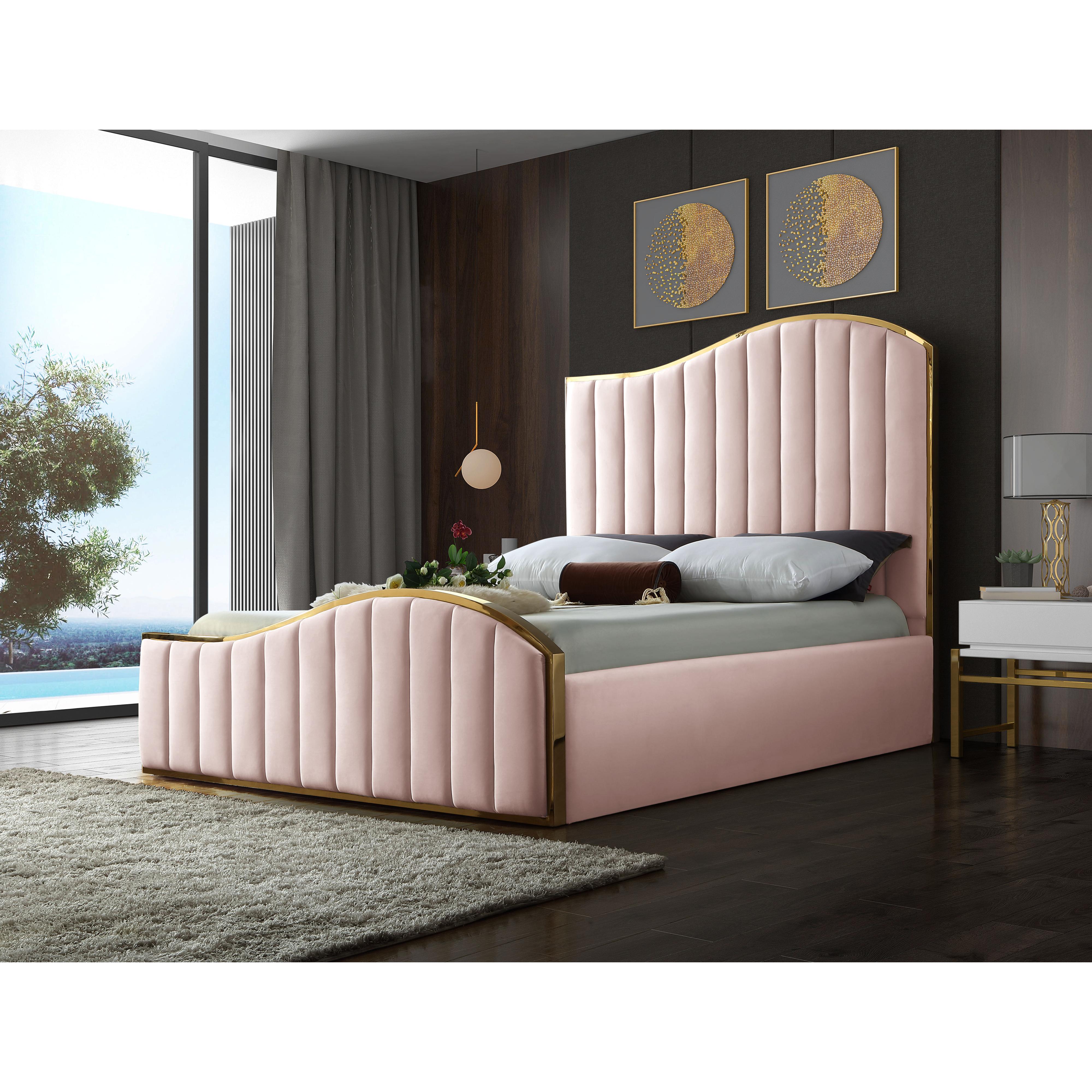 Meridian Jolie Pink Velvet King Bed (3 Boxes)