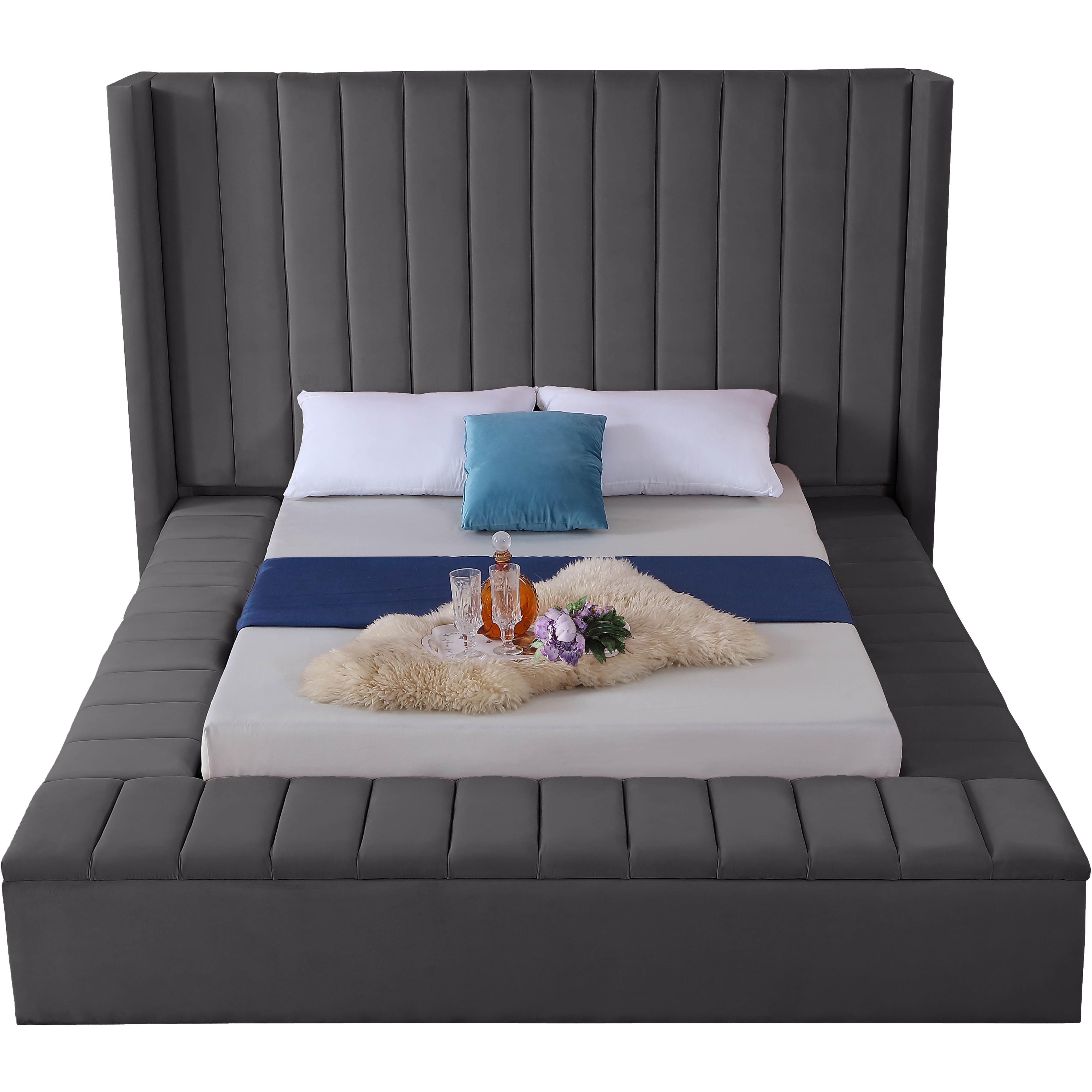 Meridian Kiki Grey Velvet Queen Bed (3 Boxes)