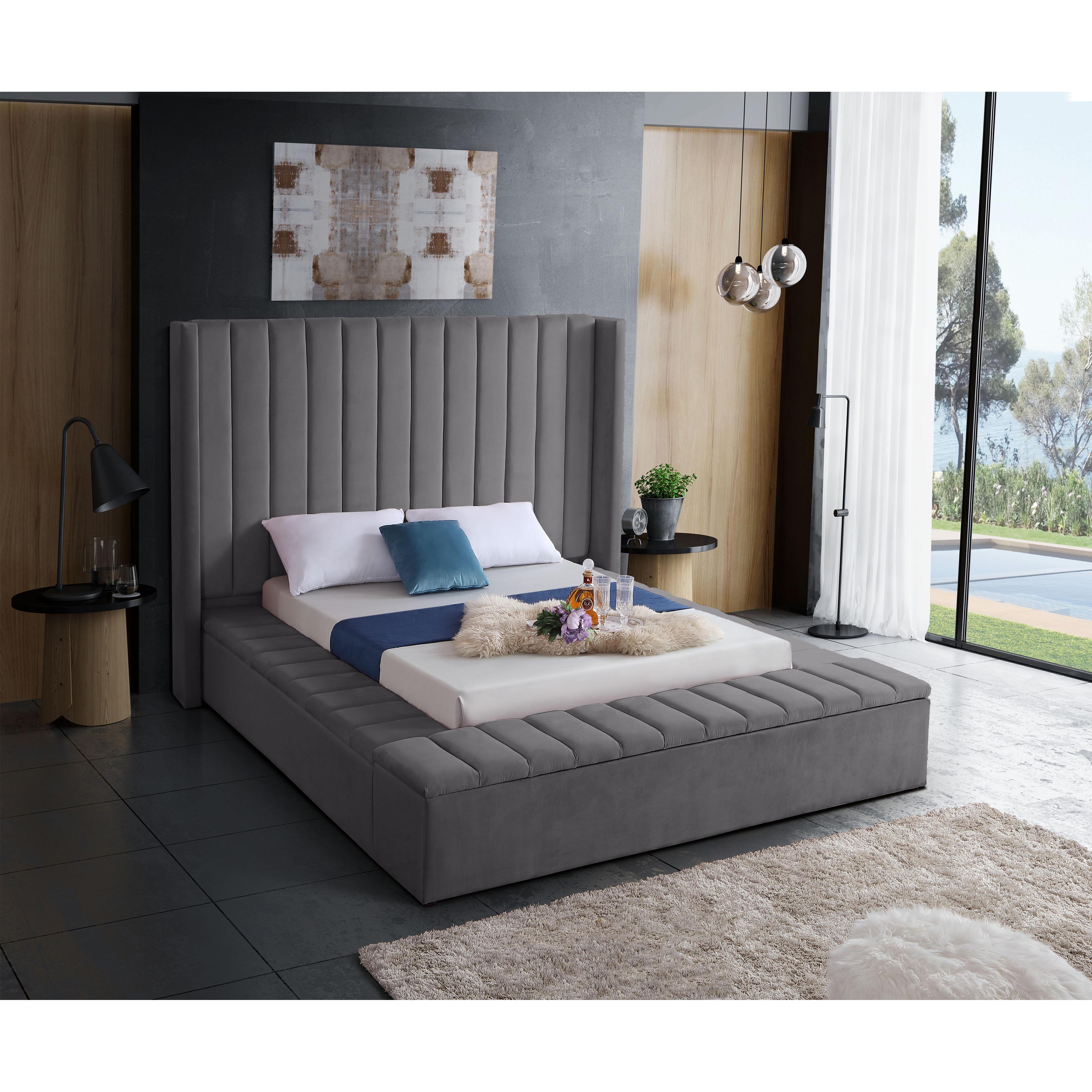 Meridian Kiki Grey Velvet Queen Bed (3 Boxes)