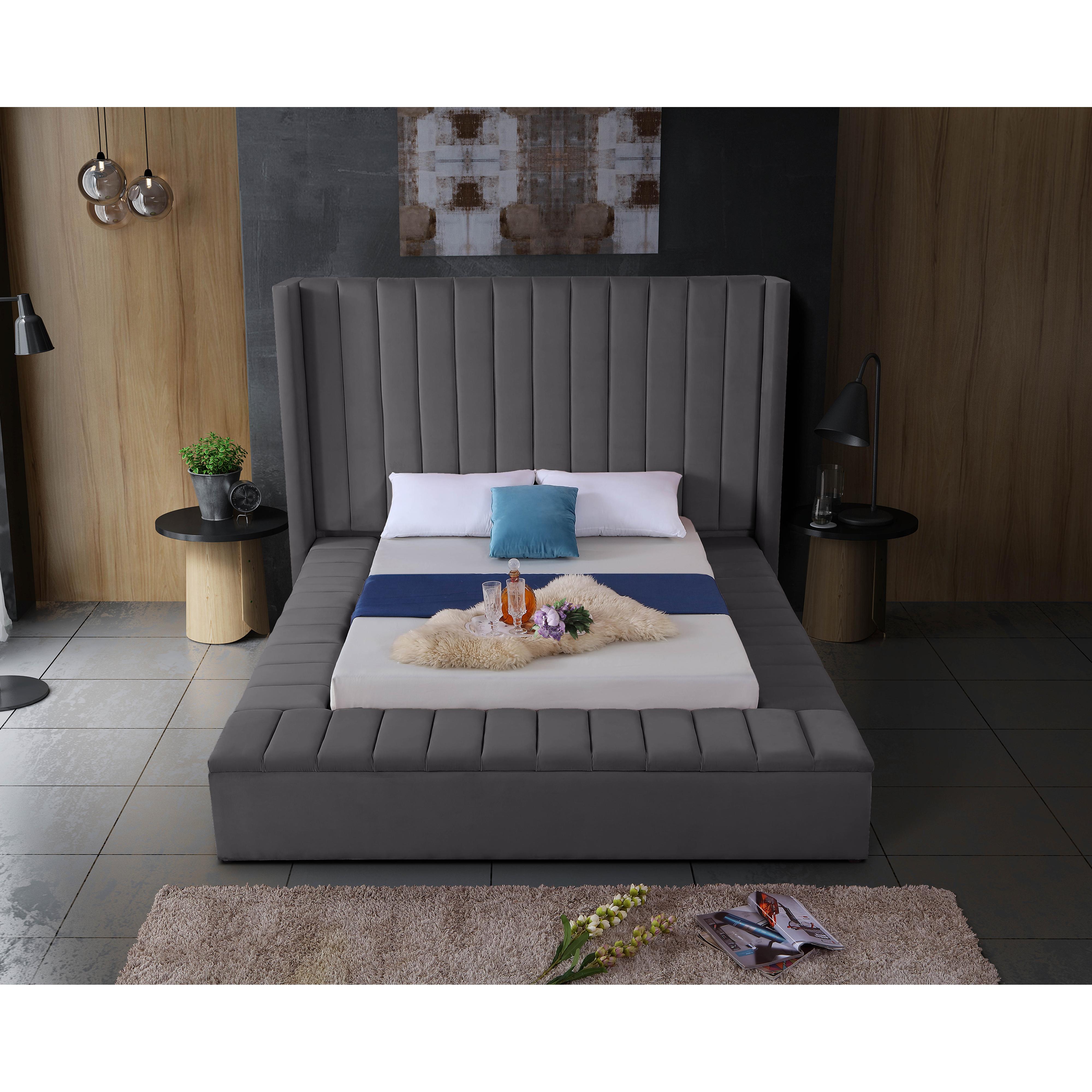 Meridian Kiki Grey Velvet Queen Bed (3 Boxes)